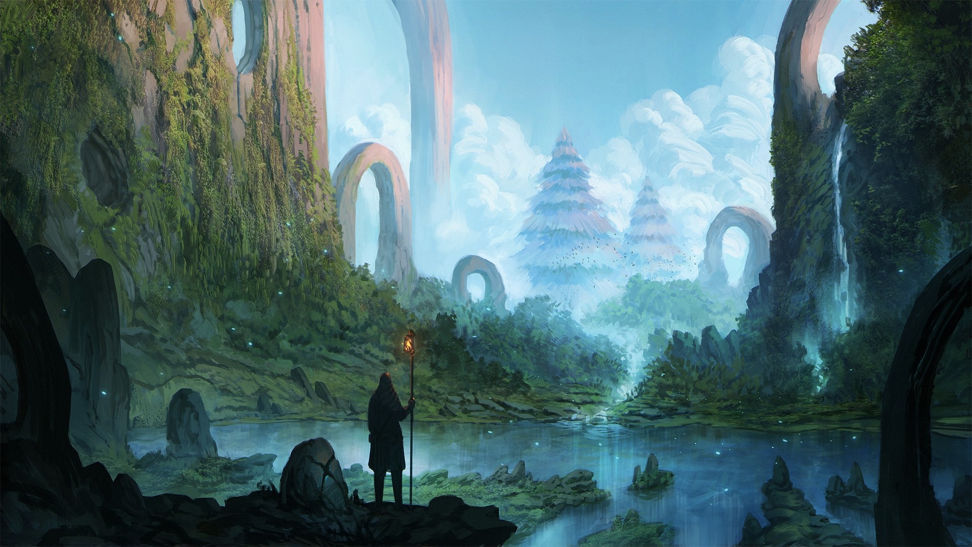 Fantasy landscape with ancient ruins and a lone figure HD Wallpaper