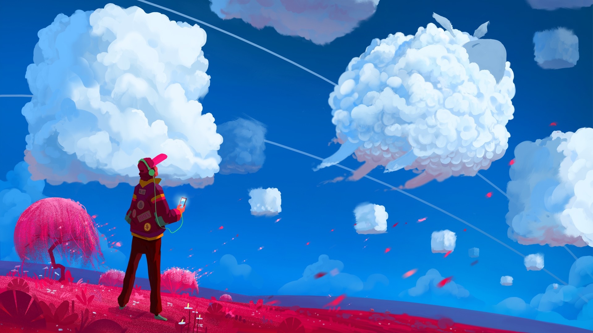 Illustration of a person listening to music in a surreal landscape HD Wallpaper