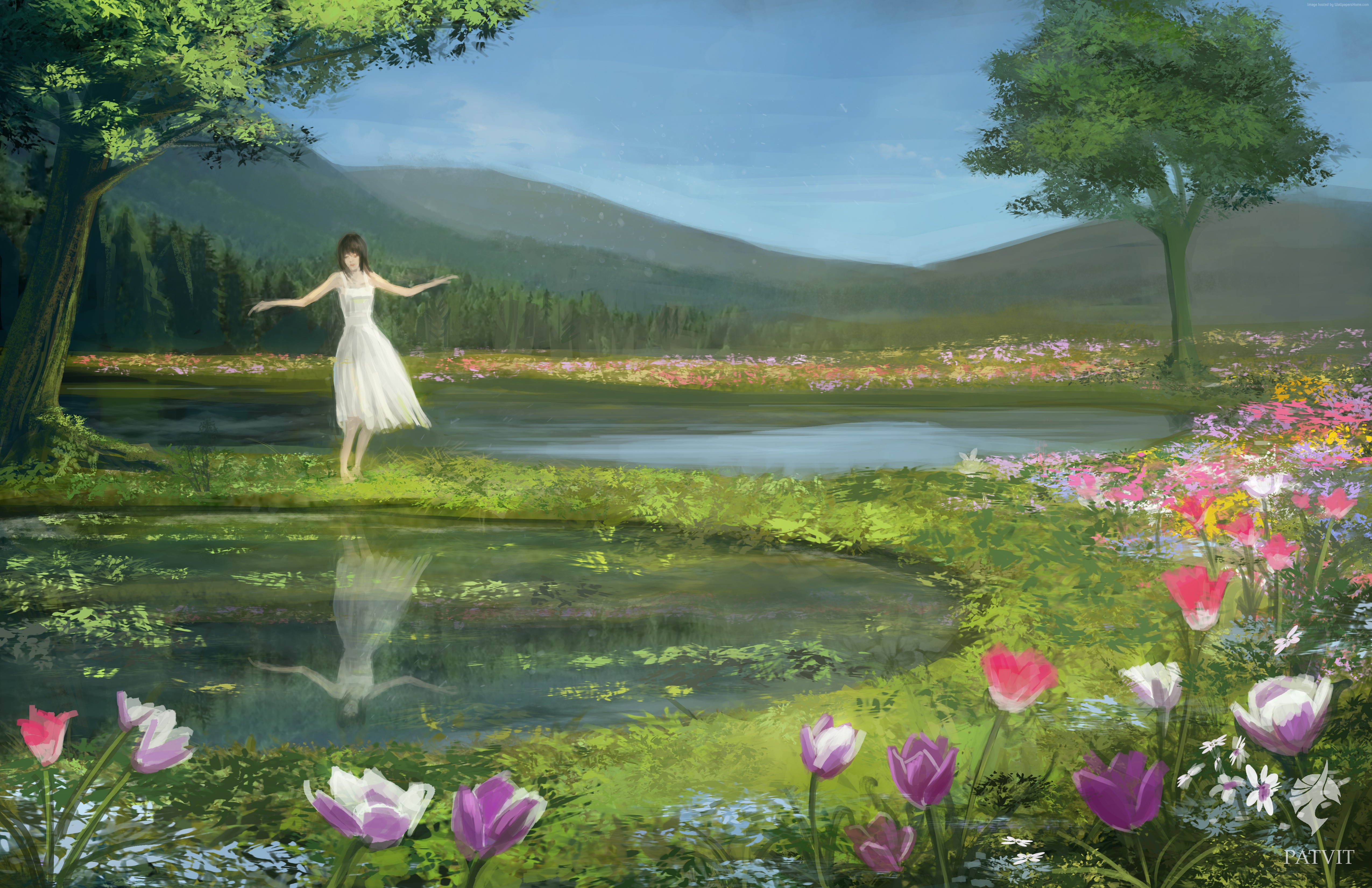 Woman in White Dress by Lake with Flowers HD Wallpaper