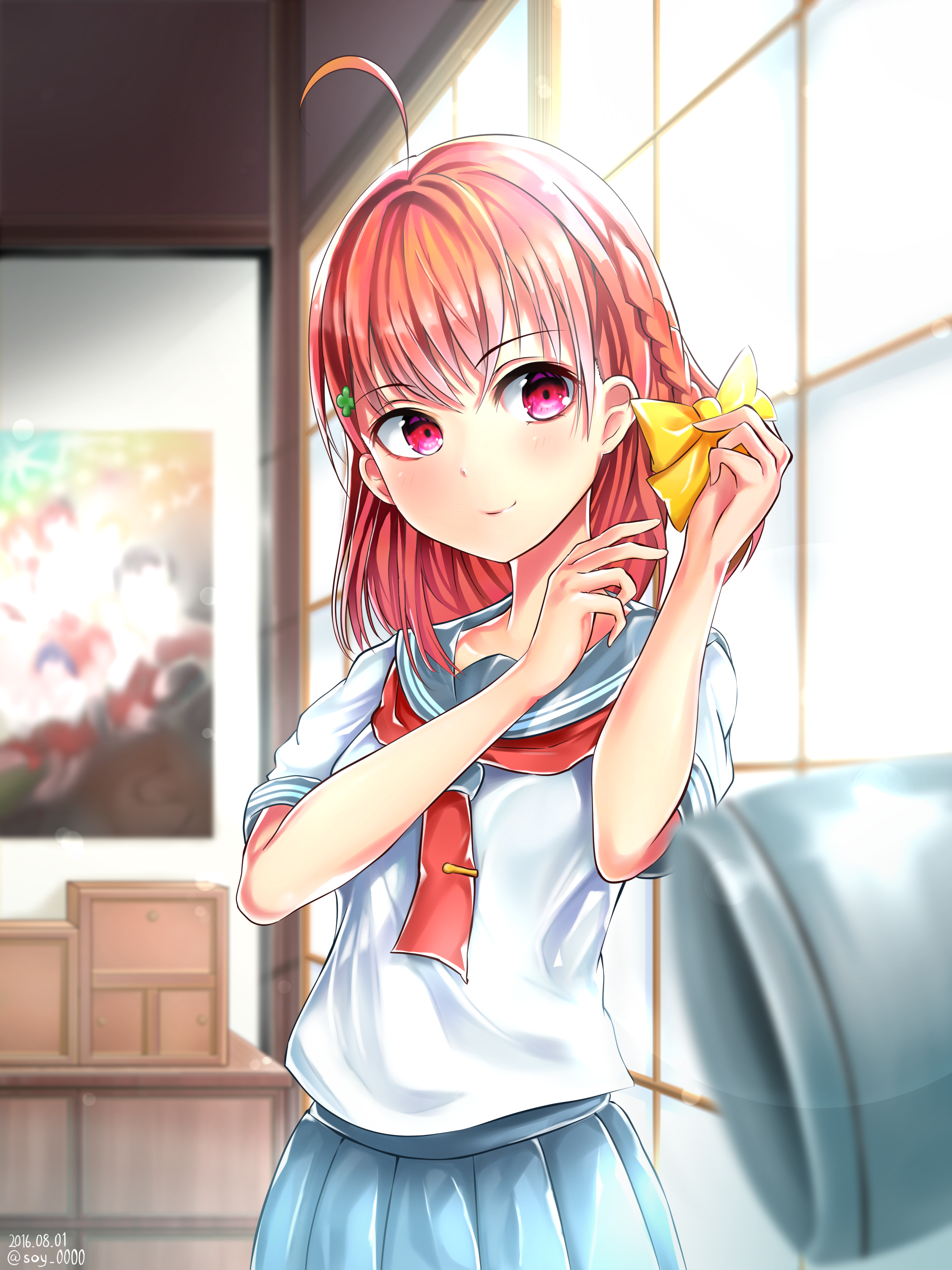 Anime girl with pink hair and pink eyes in school uniform HD Wallpaper
