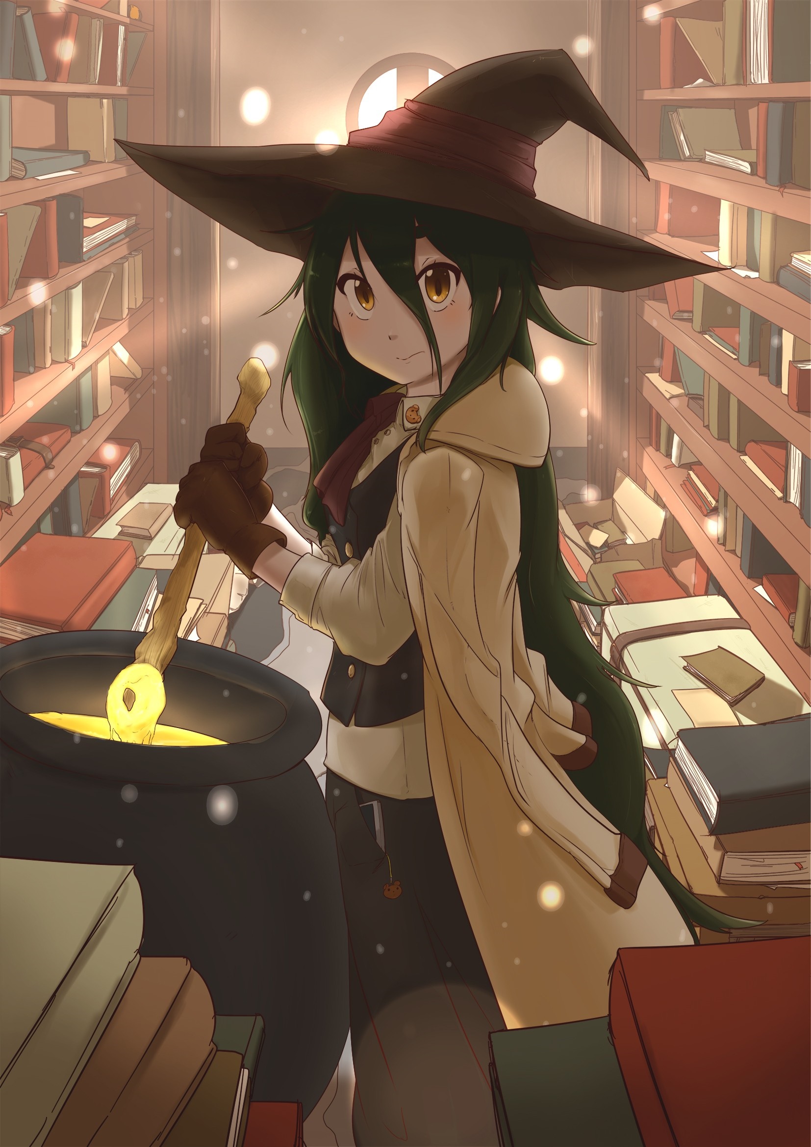 Anime witch with green hair stirring a cauldron in a library HD Wallpaper