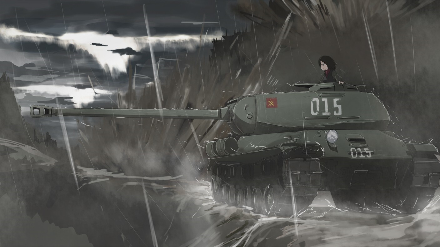 Anime girl in a tank during a rainstorm HD Wallpaper