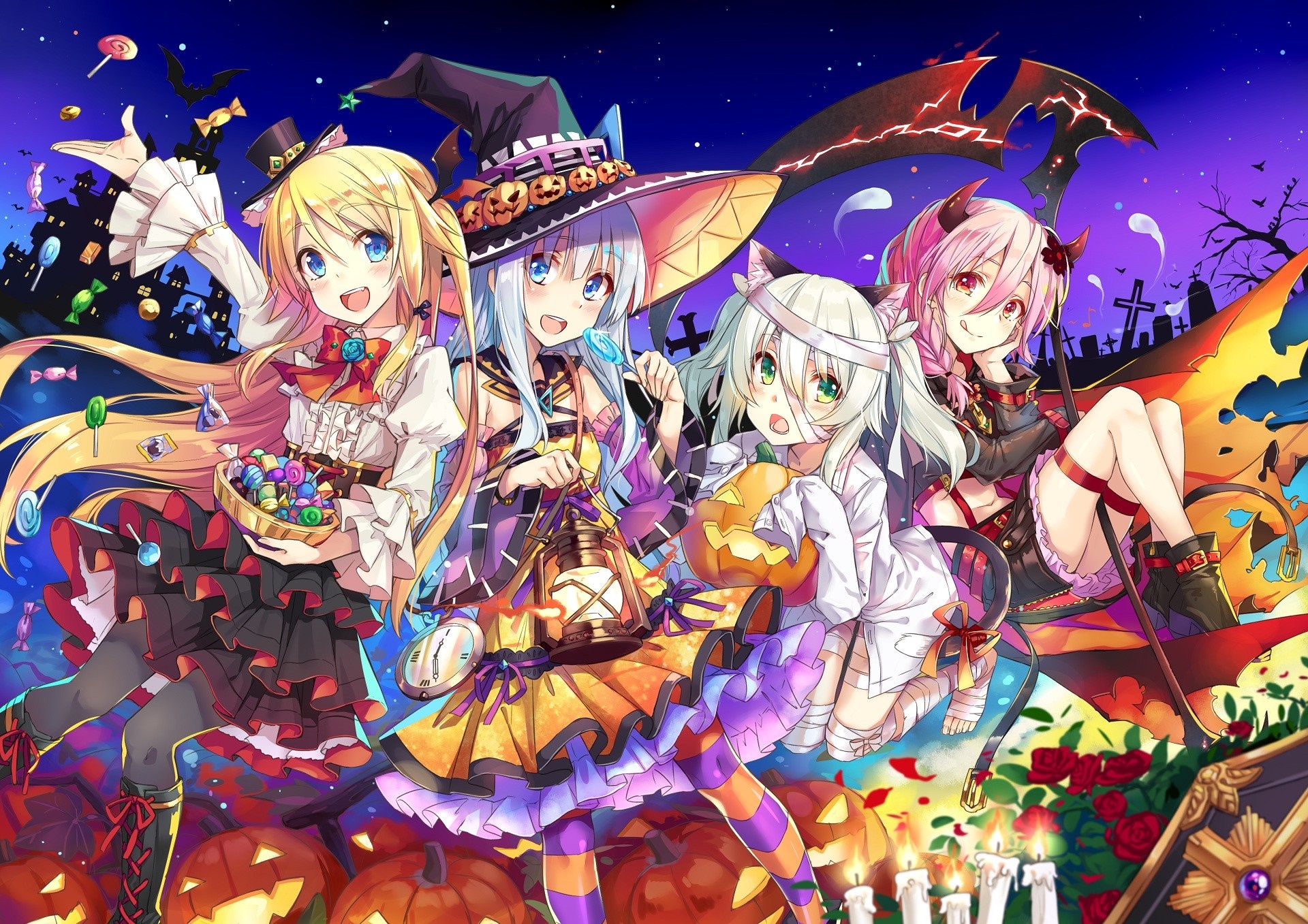 Anime girls in Halloween costumes with pumpkins and candy HD Wallpaper