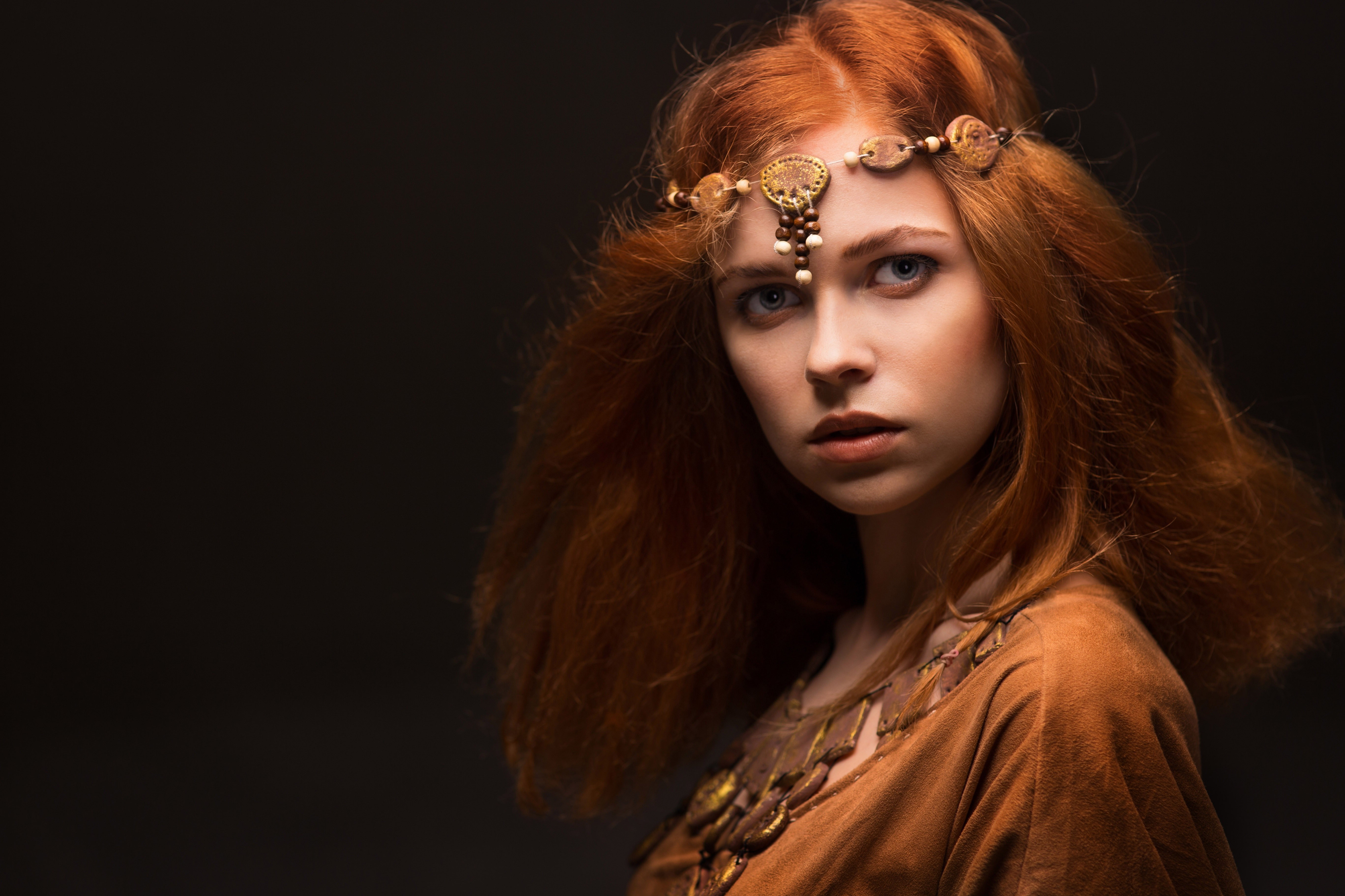Redhead woman with a beaded headband and brown dress HD Wallpaper