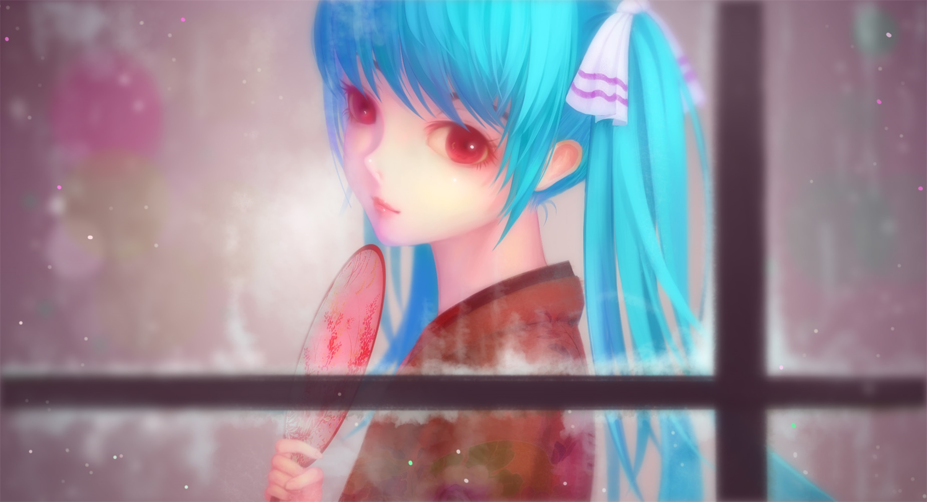 Mystical Hatsune Miku with Red Eyes and Blue Hair HD Wallpaper