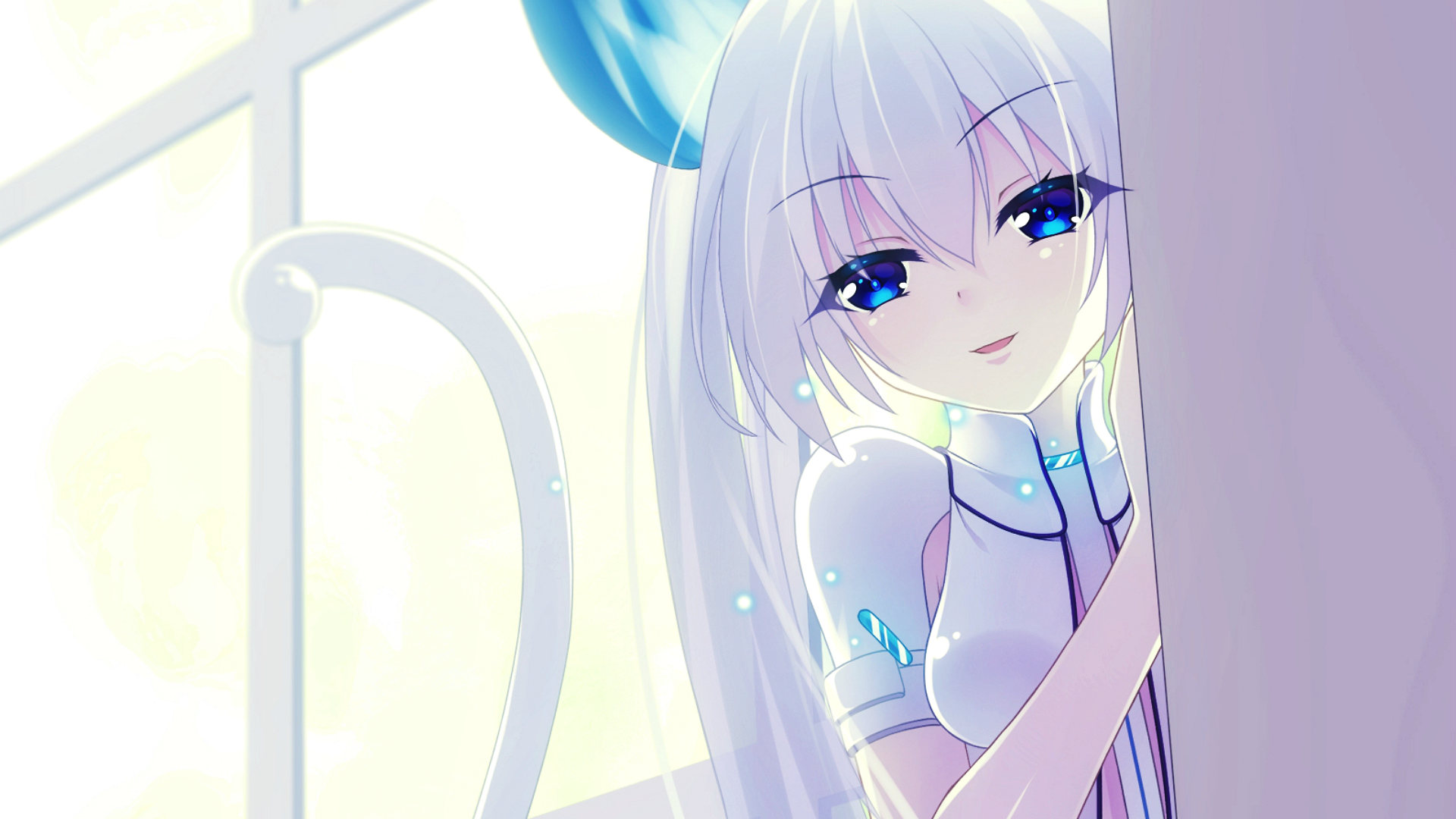 Anime girl with white hair and blue eyes peeking from behind a purple surface HD Wallpaper