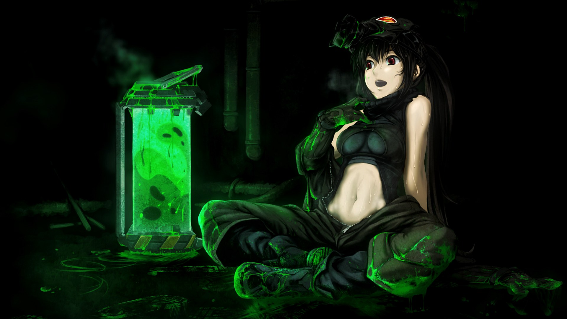Anime girl with glowing green container HD Wallpaper