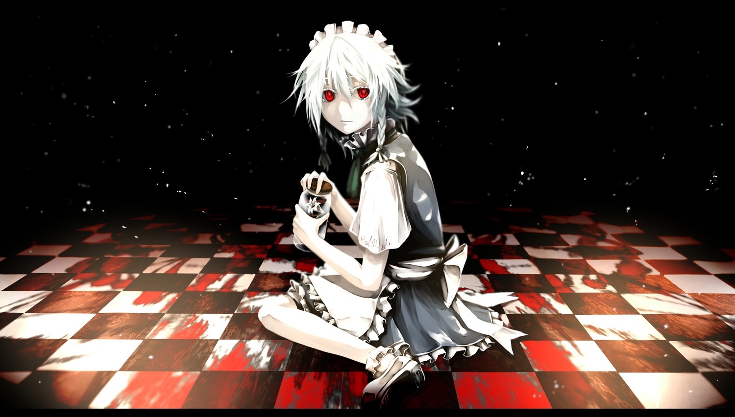 Anime girl with red eyes in maid outfit holding a bottle HD Wallpaper