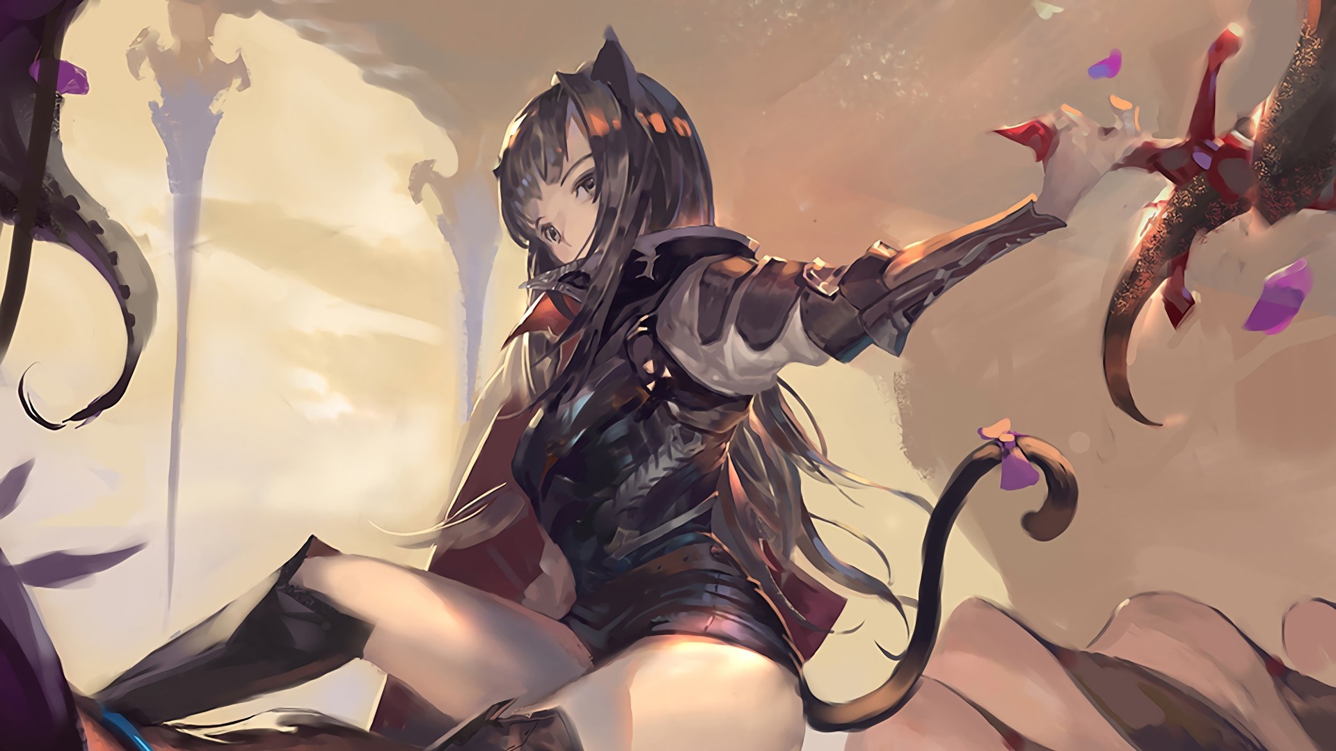Anime girl with cat ears and armor holding a sword HD Wallpaper