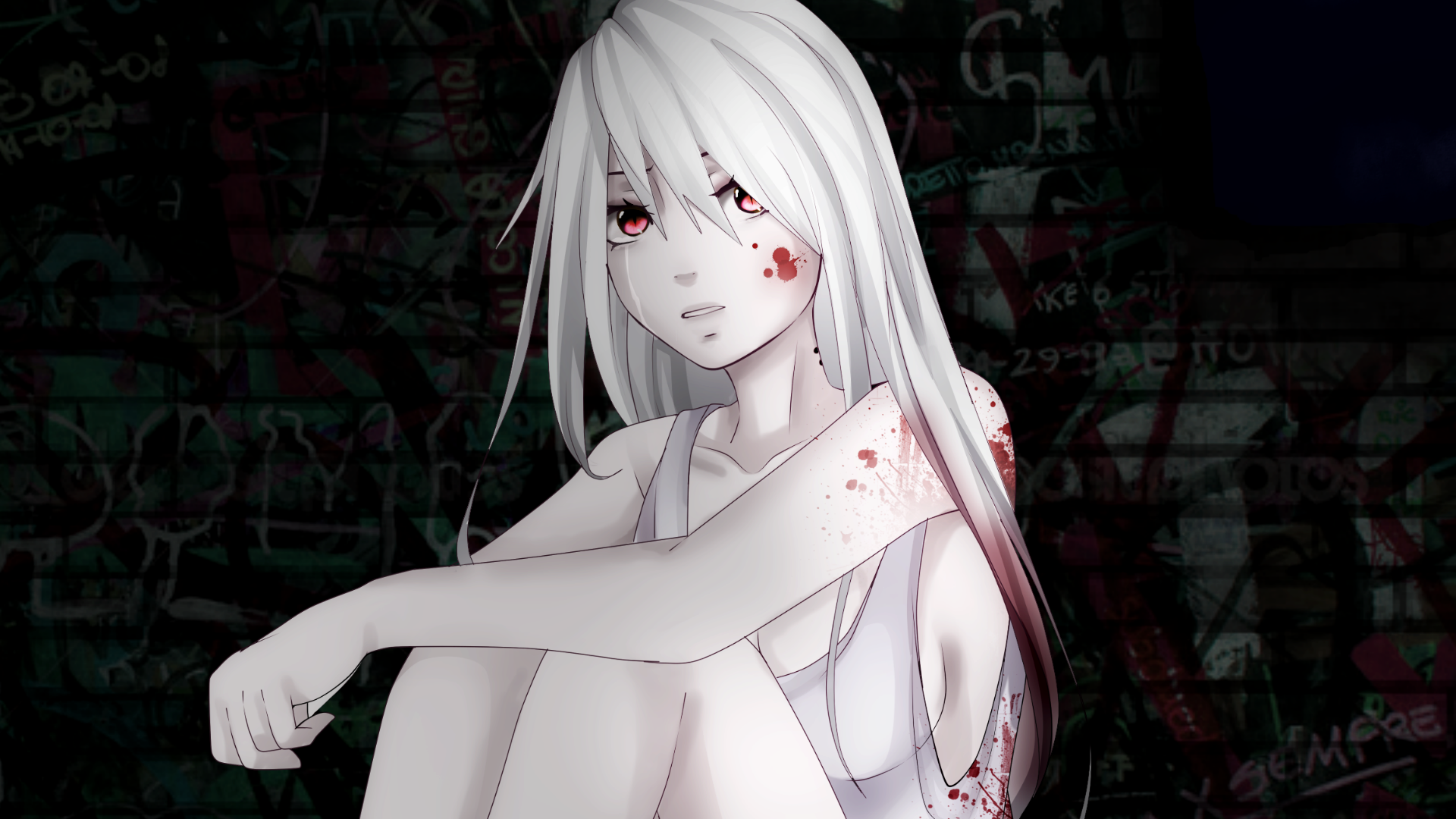 Anime girl with white hair and red eyes covered in blood HD Wallpaper