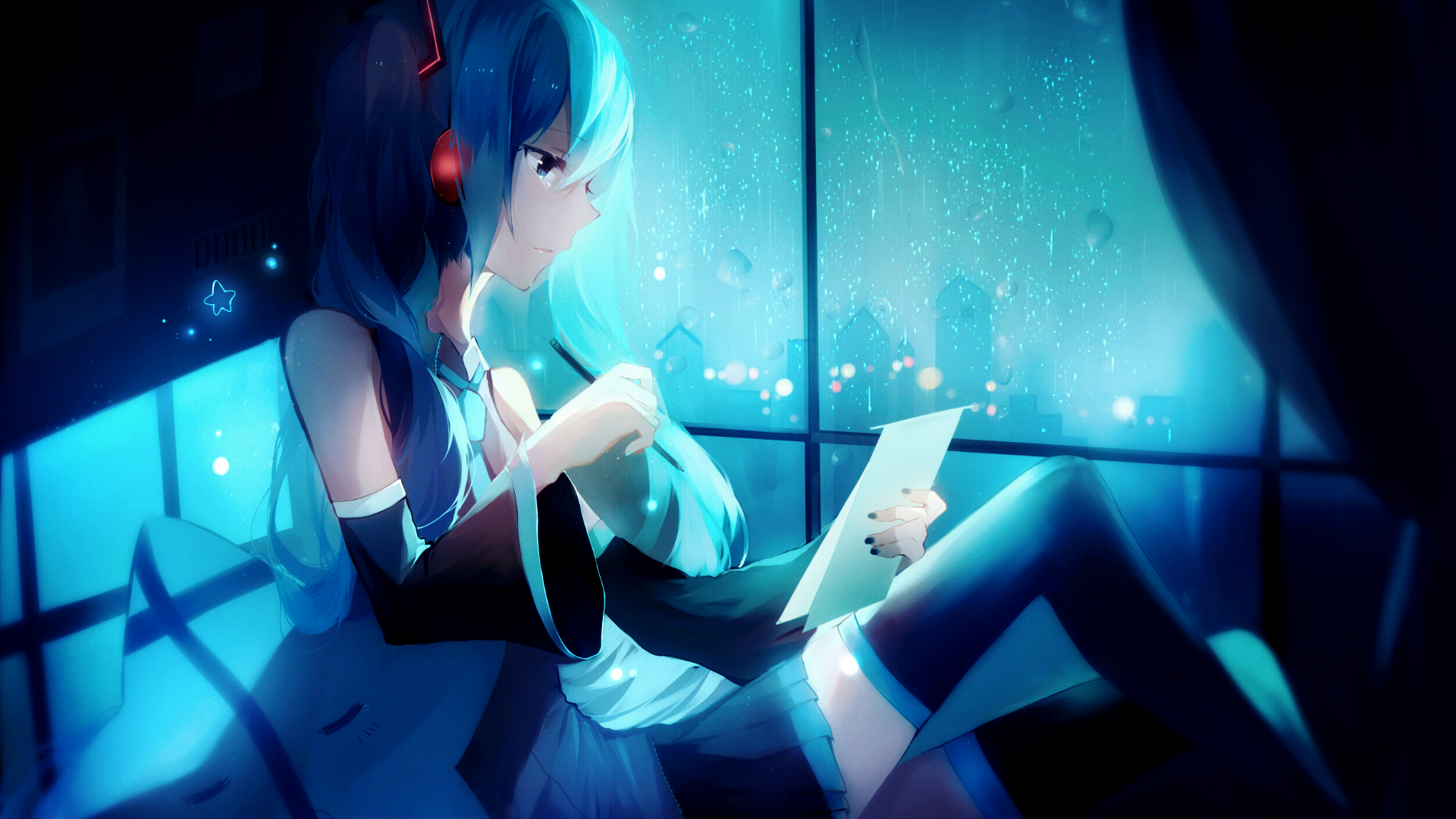 Hatsune Miku sitting by the window at night HD Wallpaper