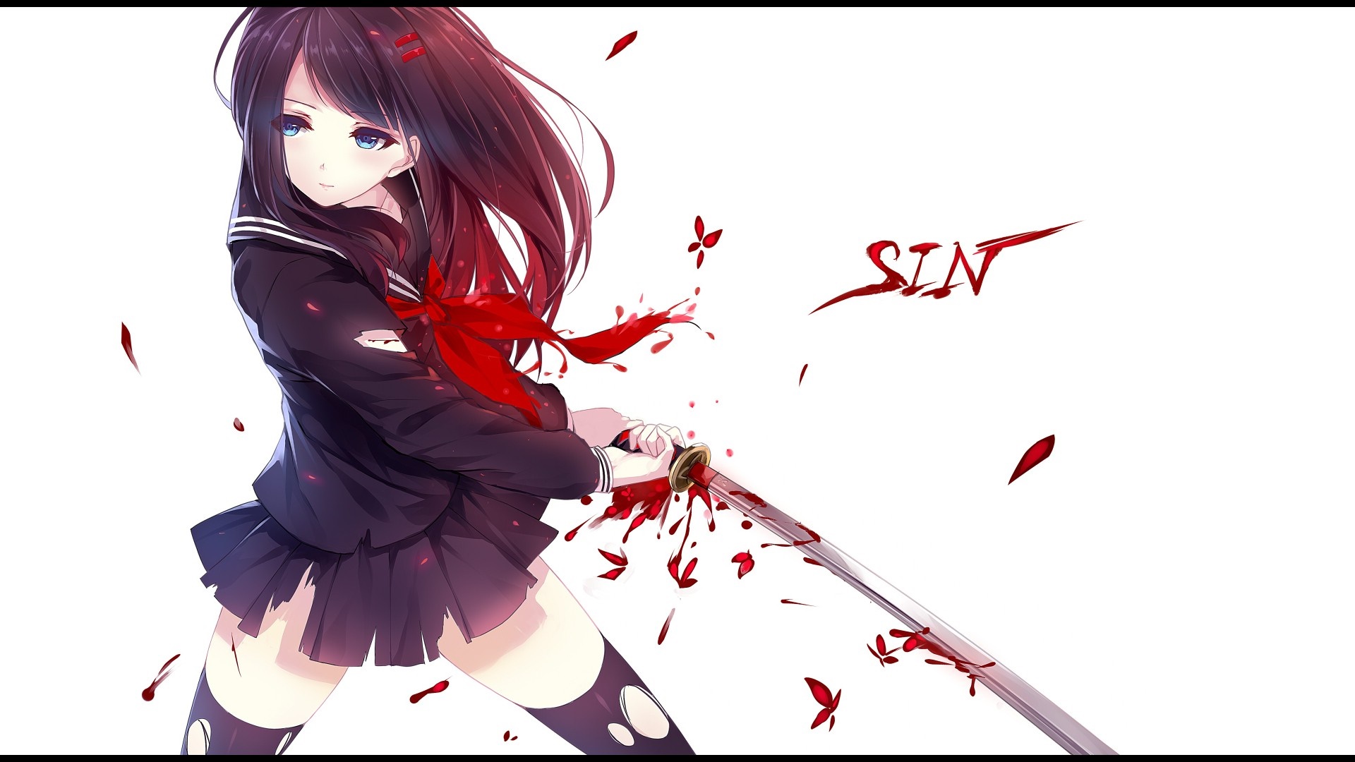 Anime girl with katana and blood HD Wallpaper