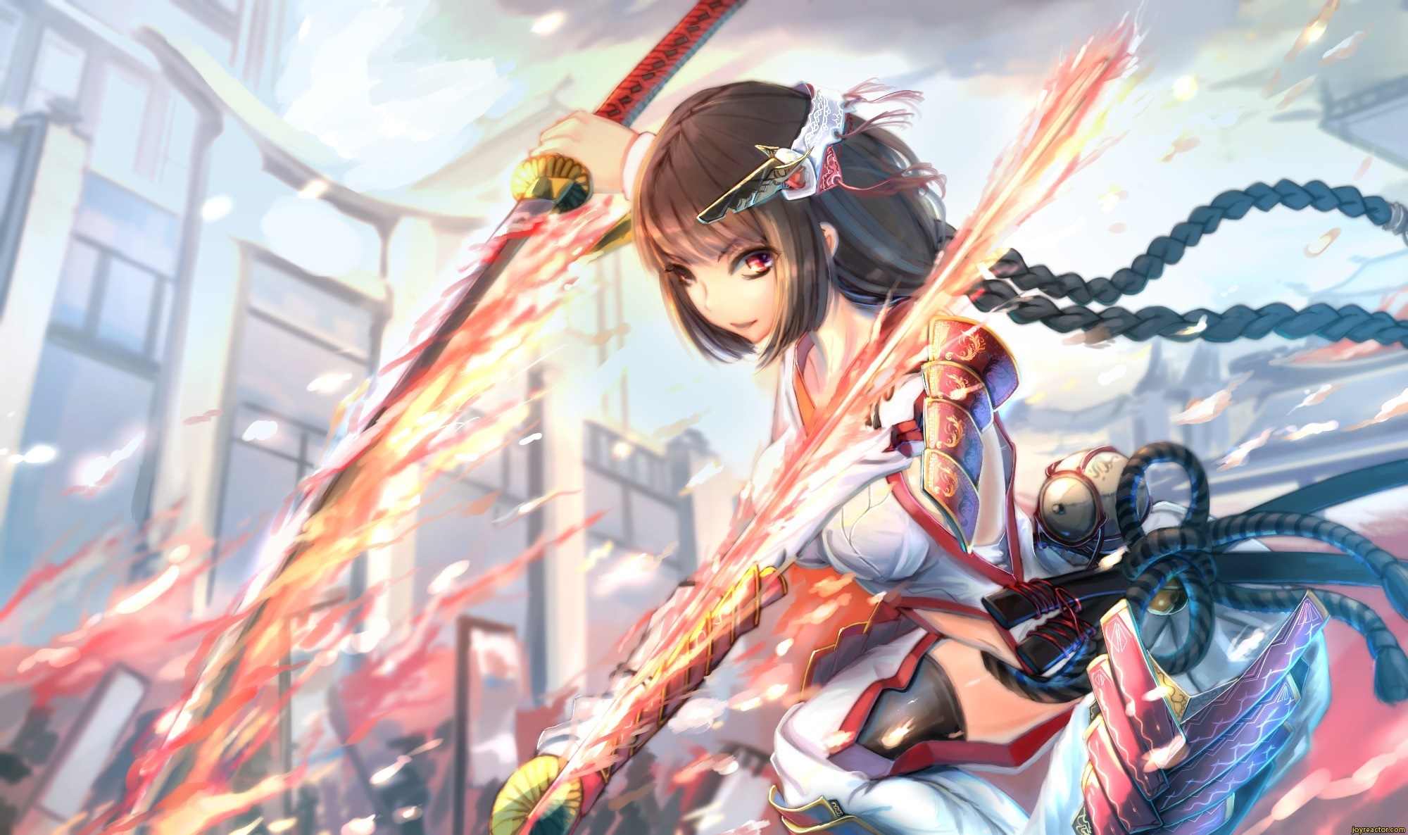 Anime girl with flaming sword in city HD Wallpaper