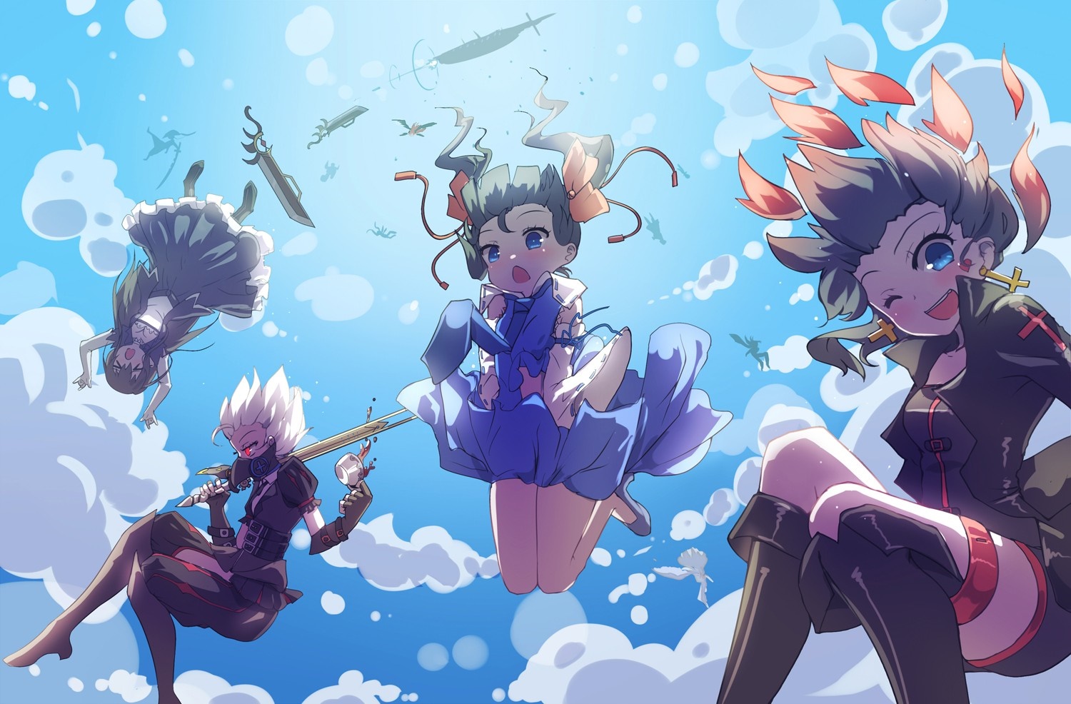 Anime girls falling from the sky with weapons HD Wallpaper