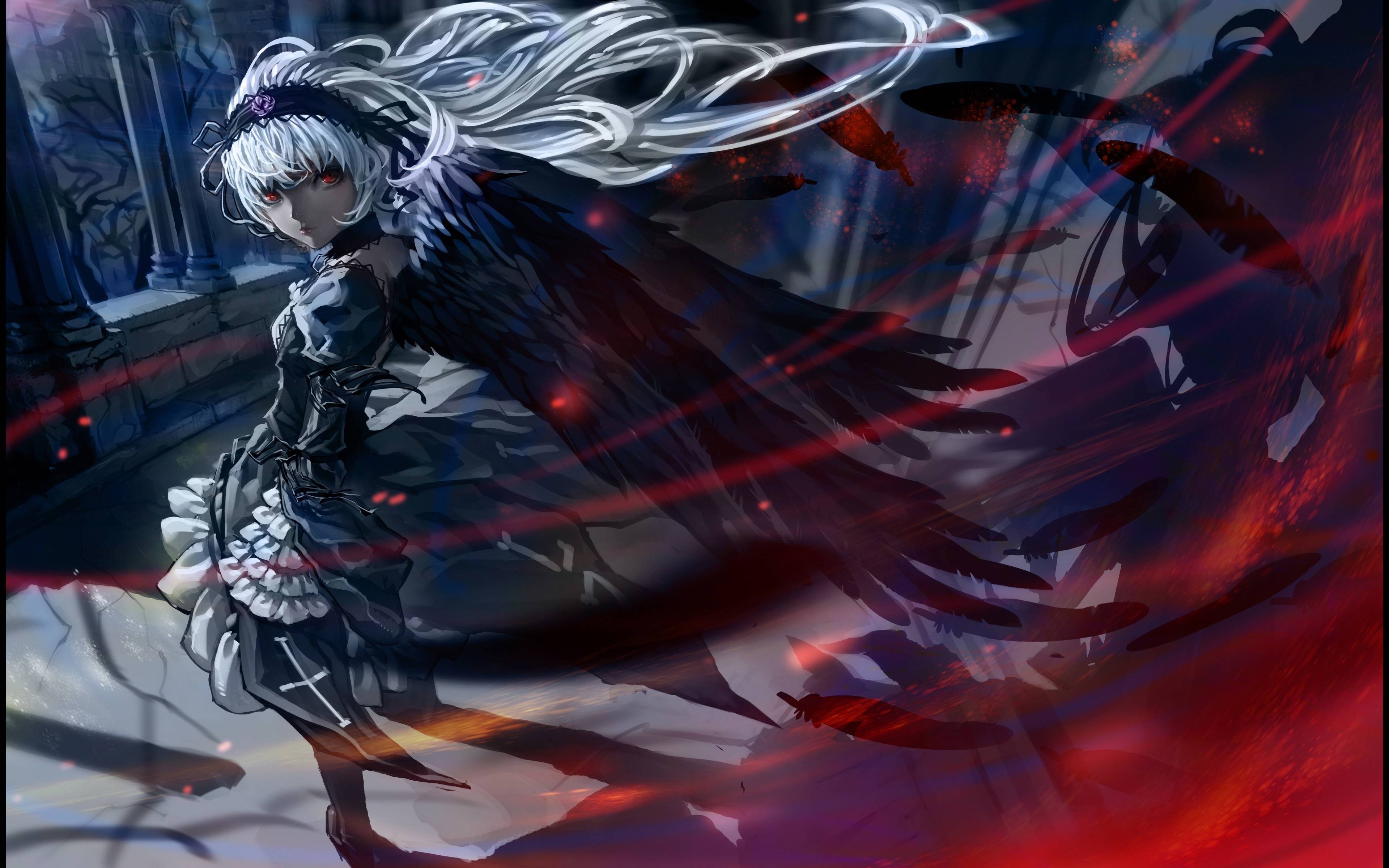 Anime girl with white hair and black wings HD Wallpaper