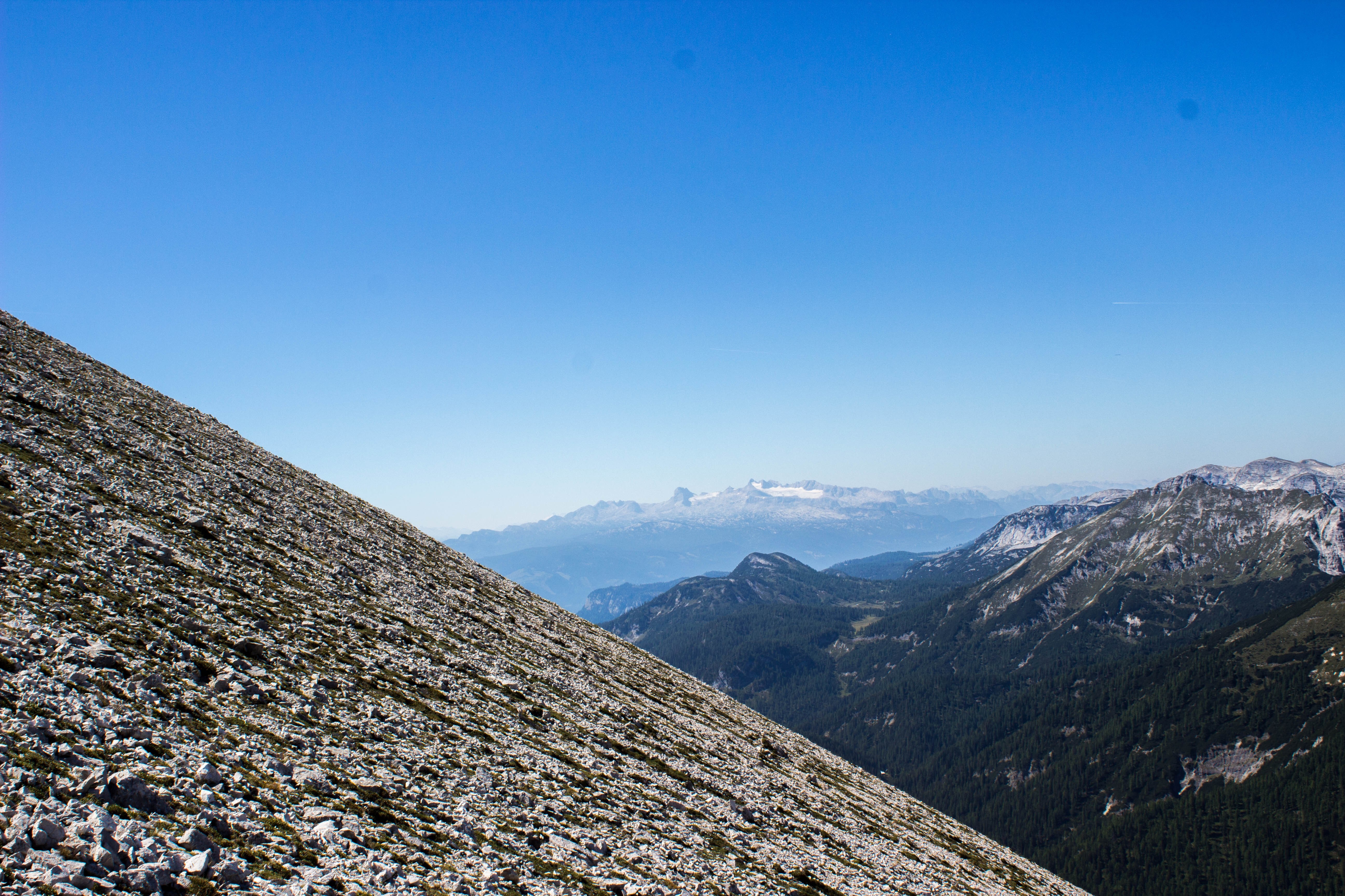 Rocky mountain slope overlooking a forested valley and distant peaks HD Wallpaper