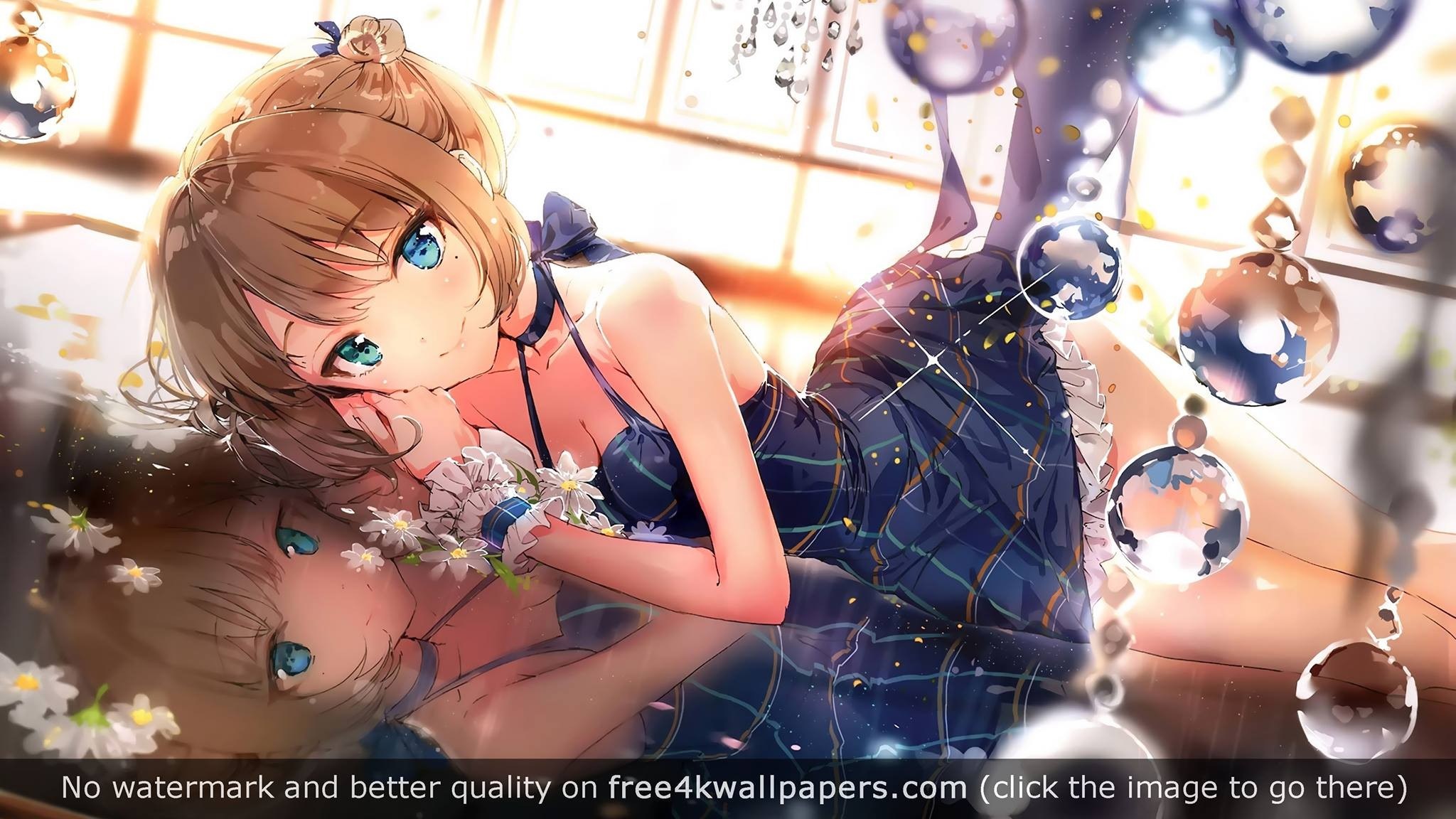 Anime girl in blue dress with flowers HD Wallpaper