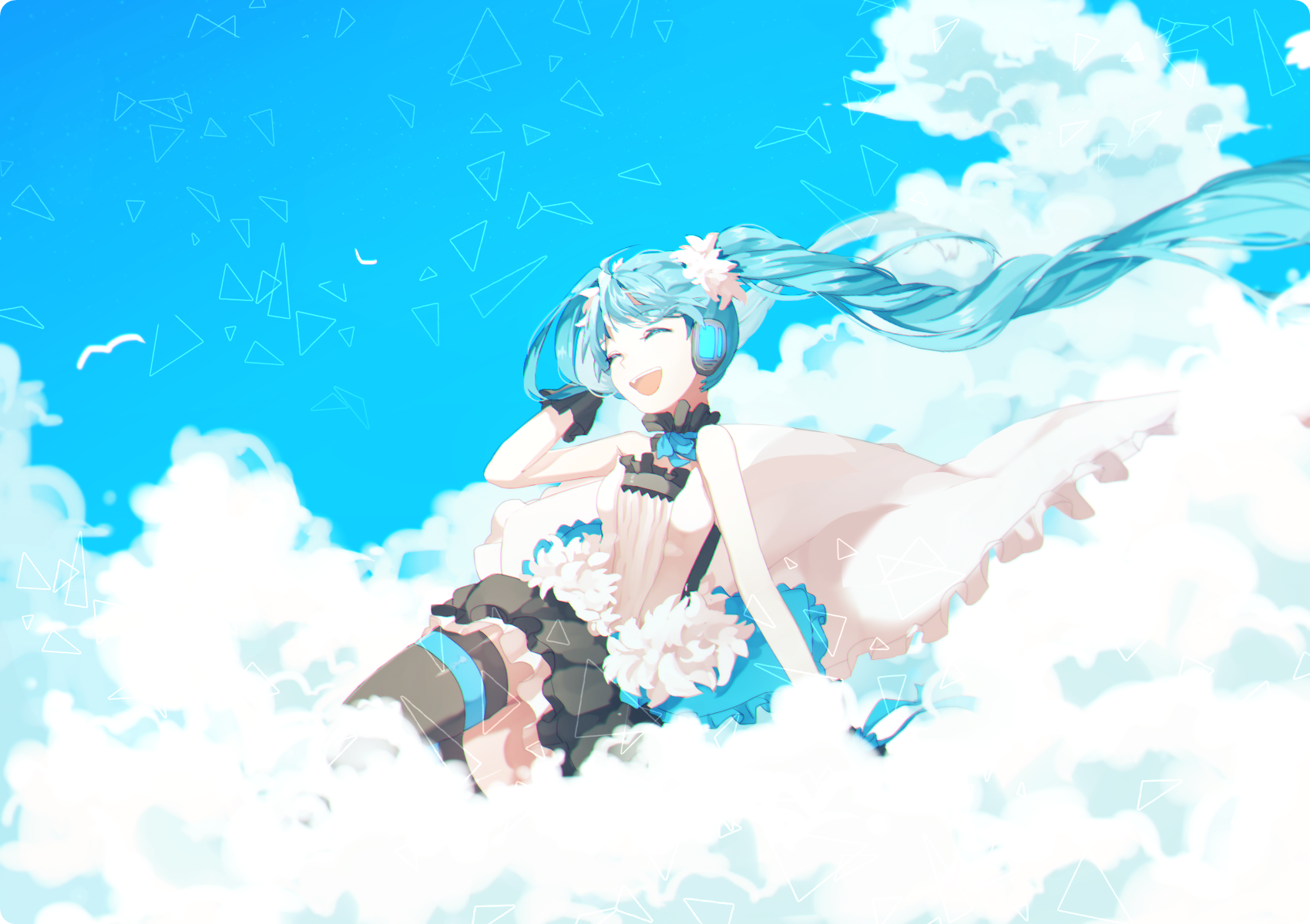 Hatsune Miku floating in the sky among clouds HD Wallpaper