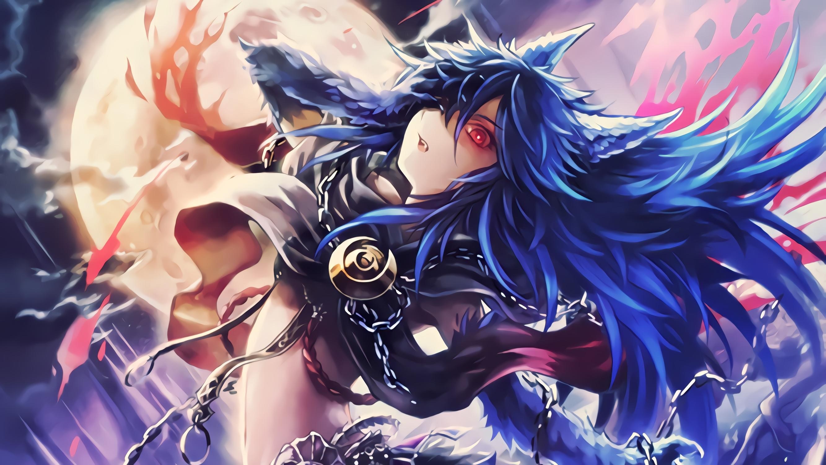 Anime girl with blue hair and red eyes HD Wallpaper