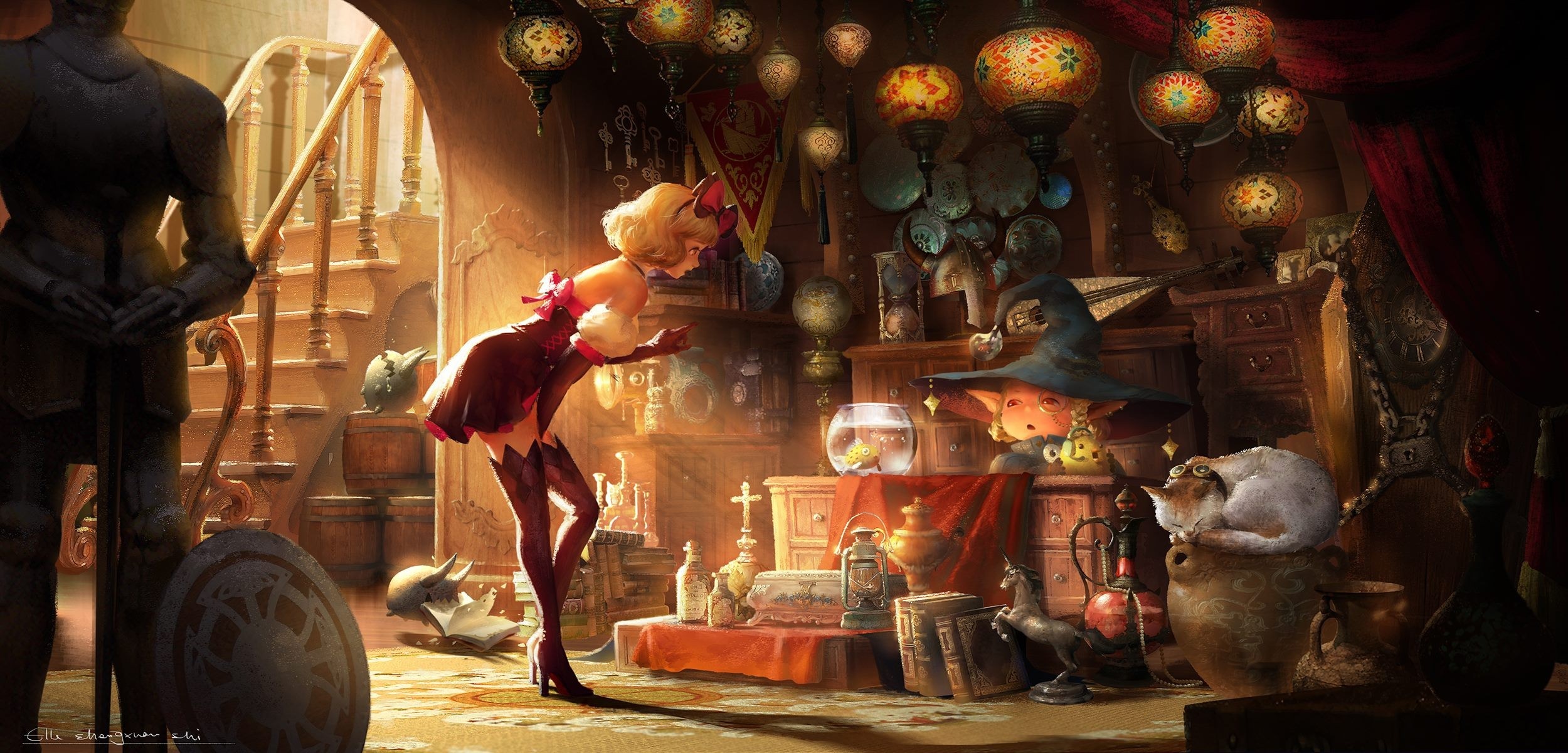 Girl in costume in a cluttered shop with a cat and a witch HD Wallpaper