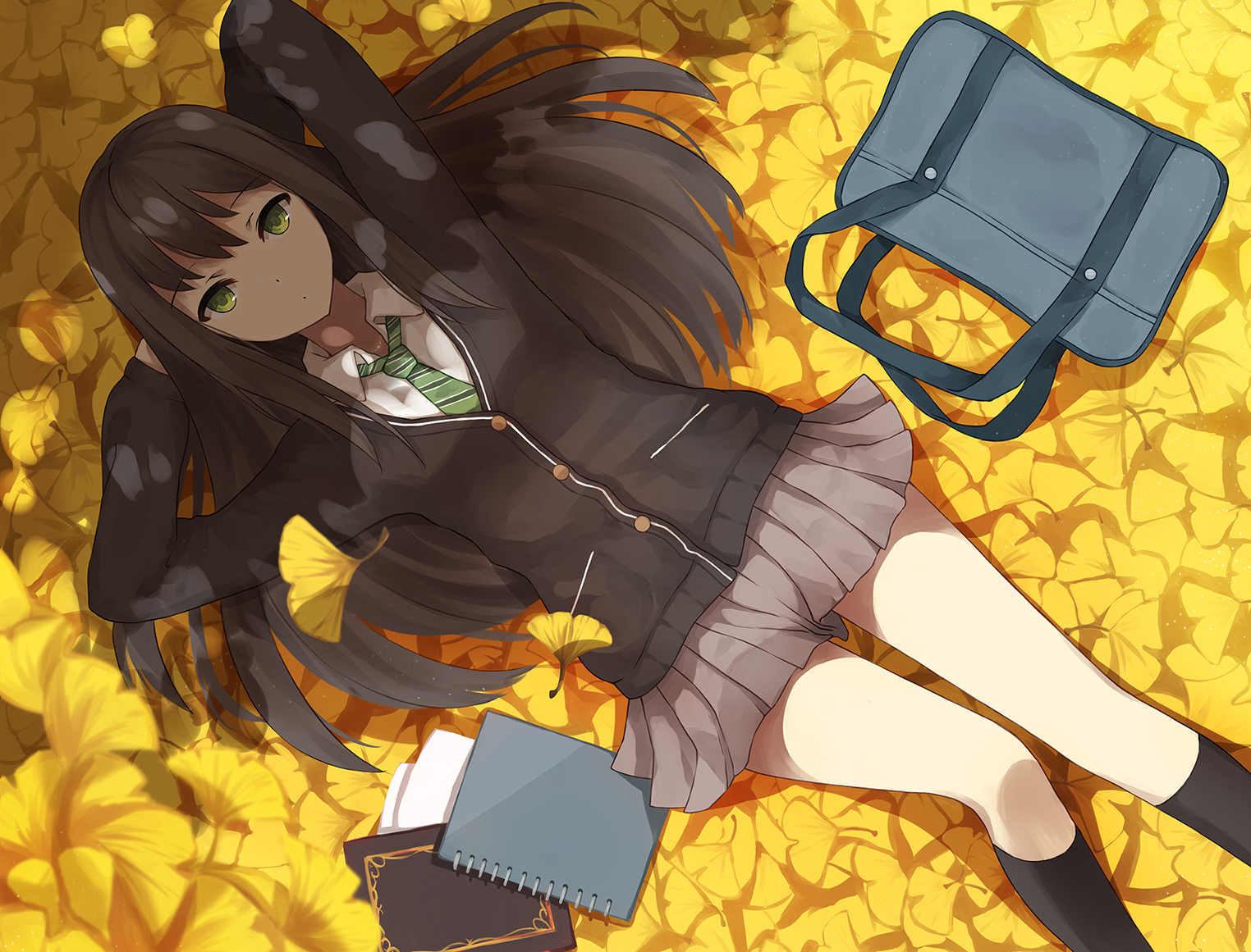 Anime girl lying on ginkgo leaves with school bag and books HD Wallpaper