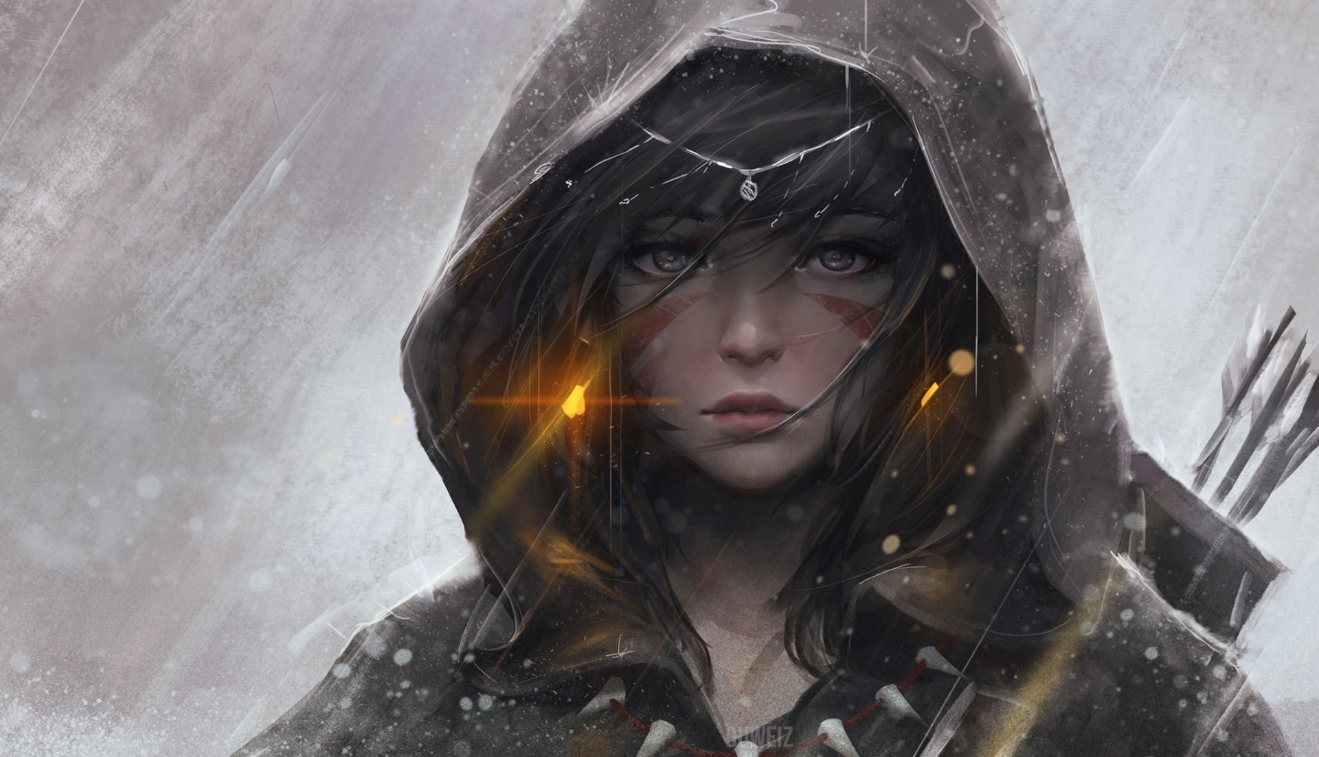 Anime girl with hood and bow in snow HD Wallpaper