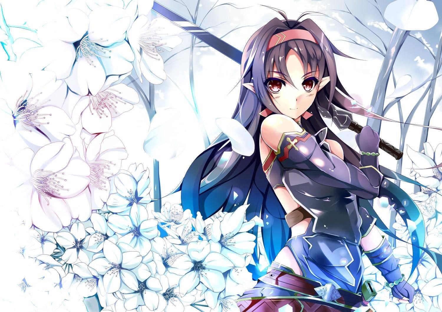 Konno Yuuki from Sword Art Online with flowers HD Wallpaper