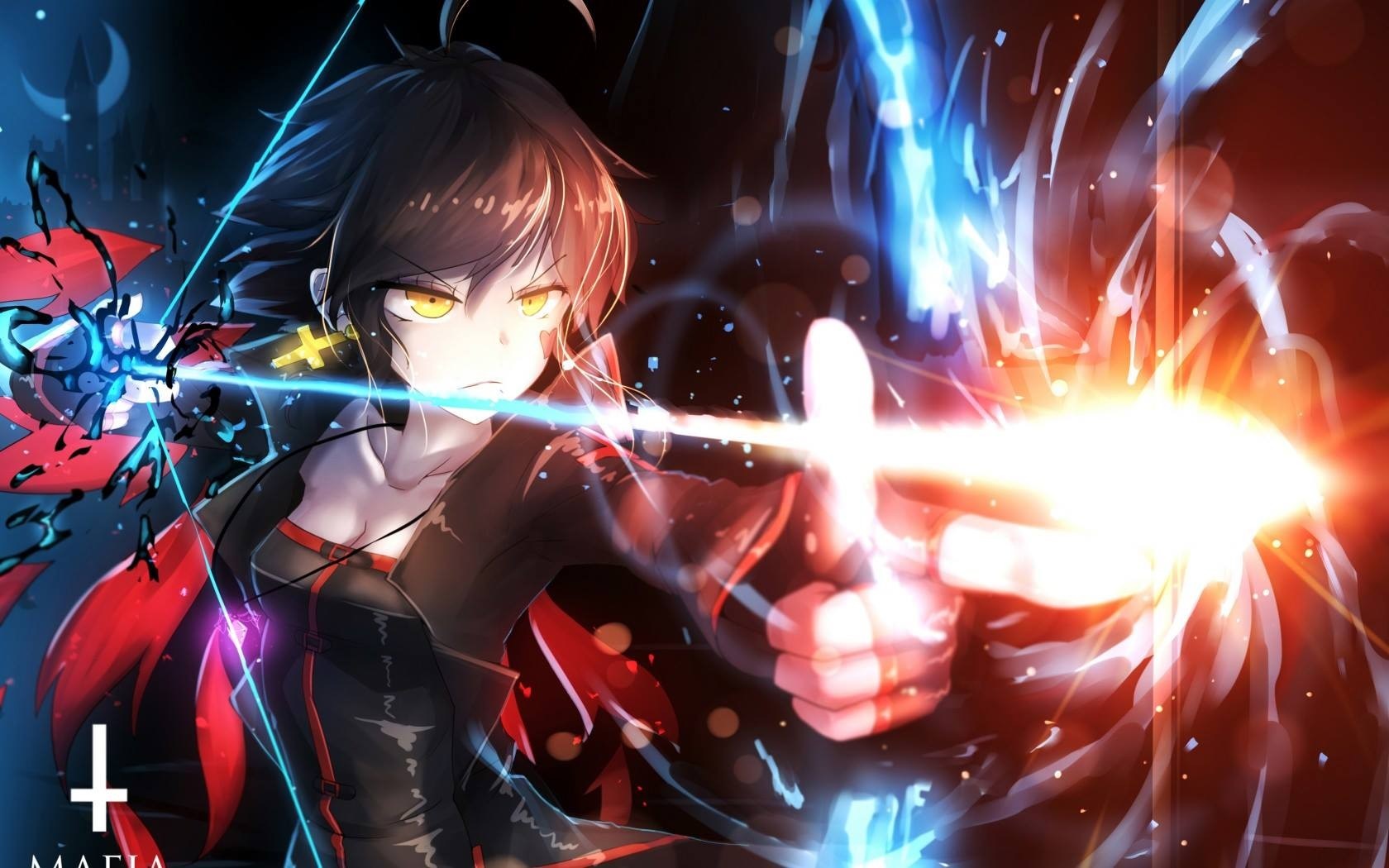 Anime girl with yellow eyes firing a glowing arrow HD Wallpaper