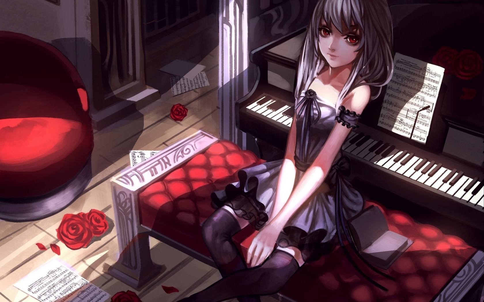 Anime girl with red eyes sitting by a piano HD Wallpaper