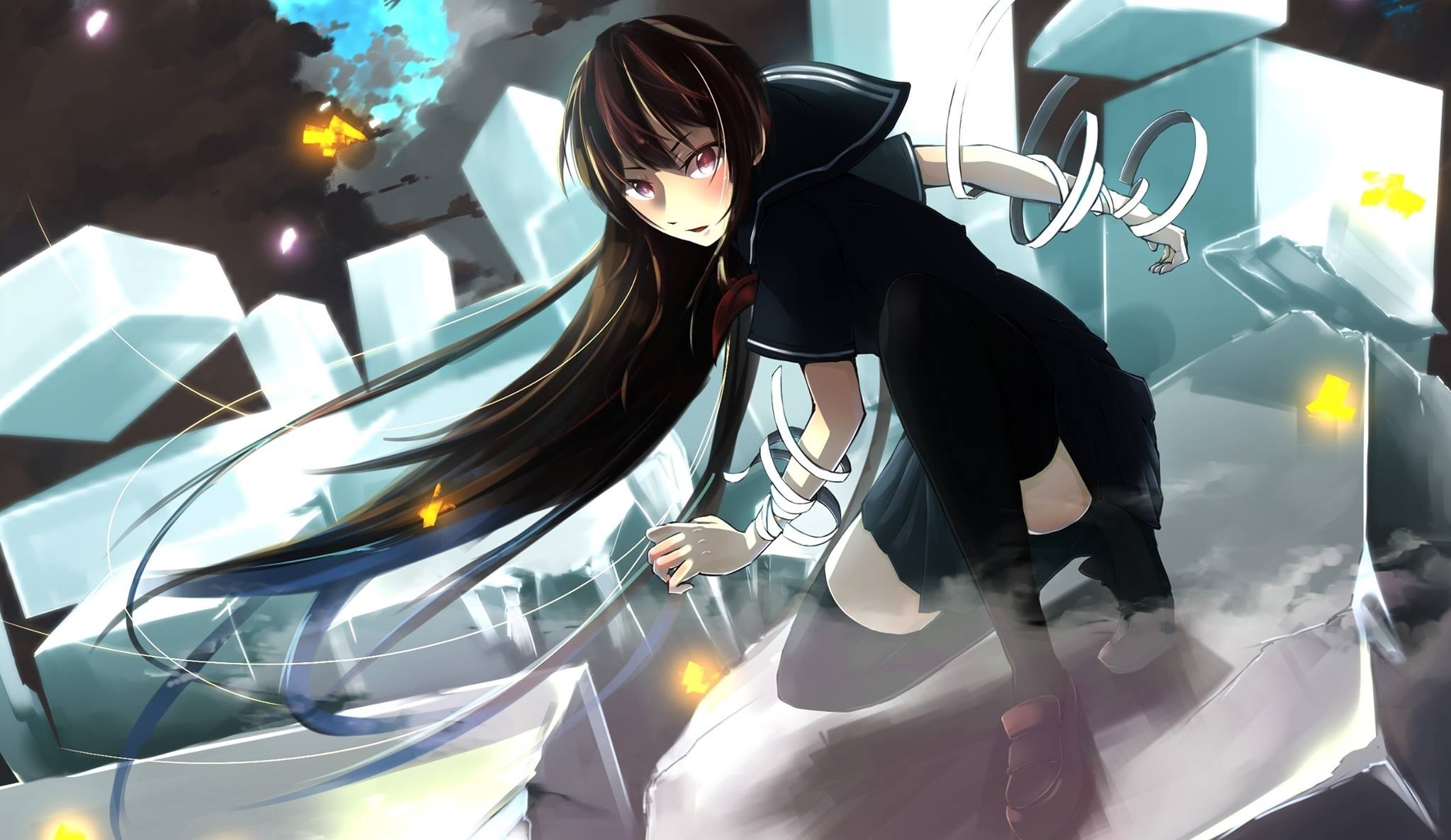 Anime girl with long dark hair in a dark uniform HD Wallpaper