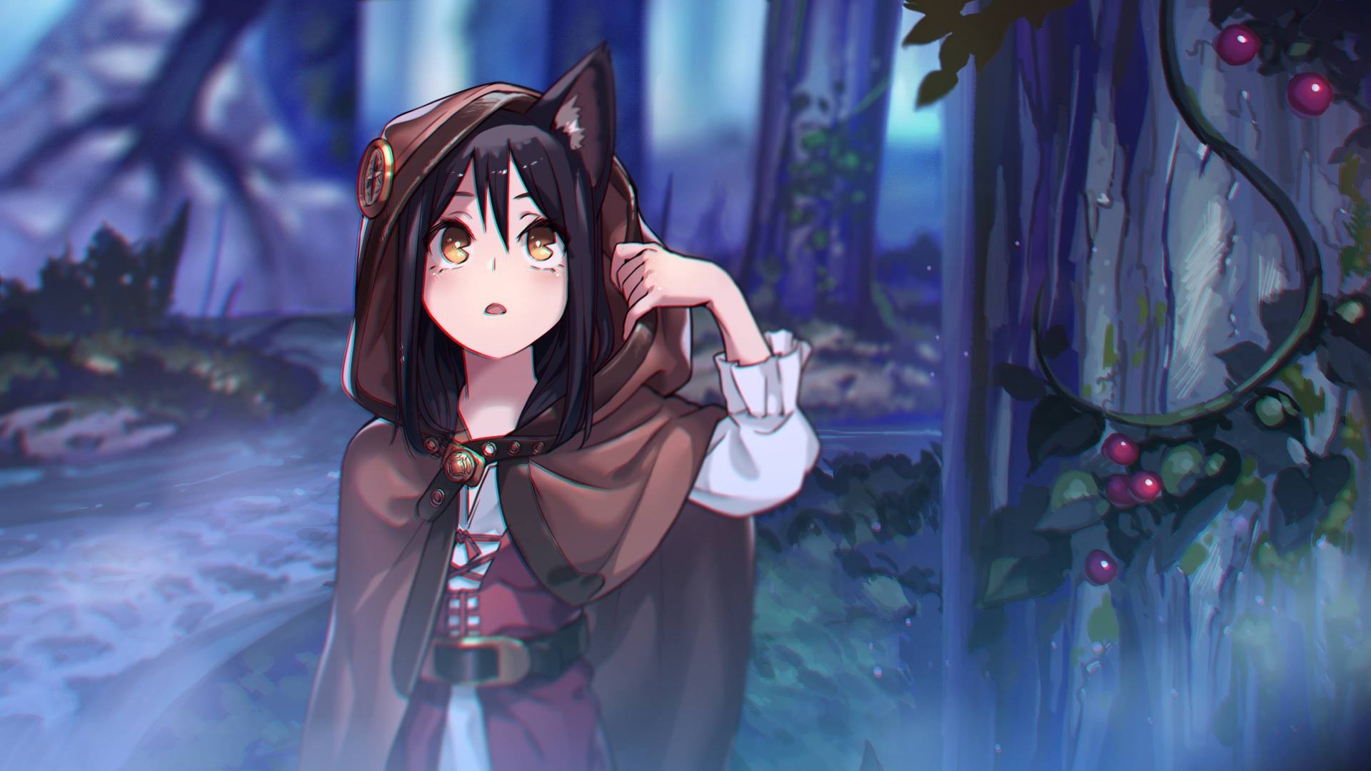 Anime girl with cat ears in a forest HD Wallpaper