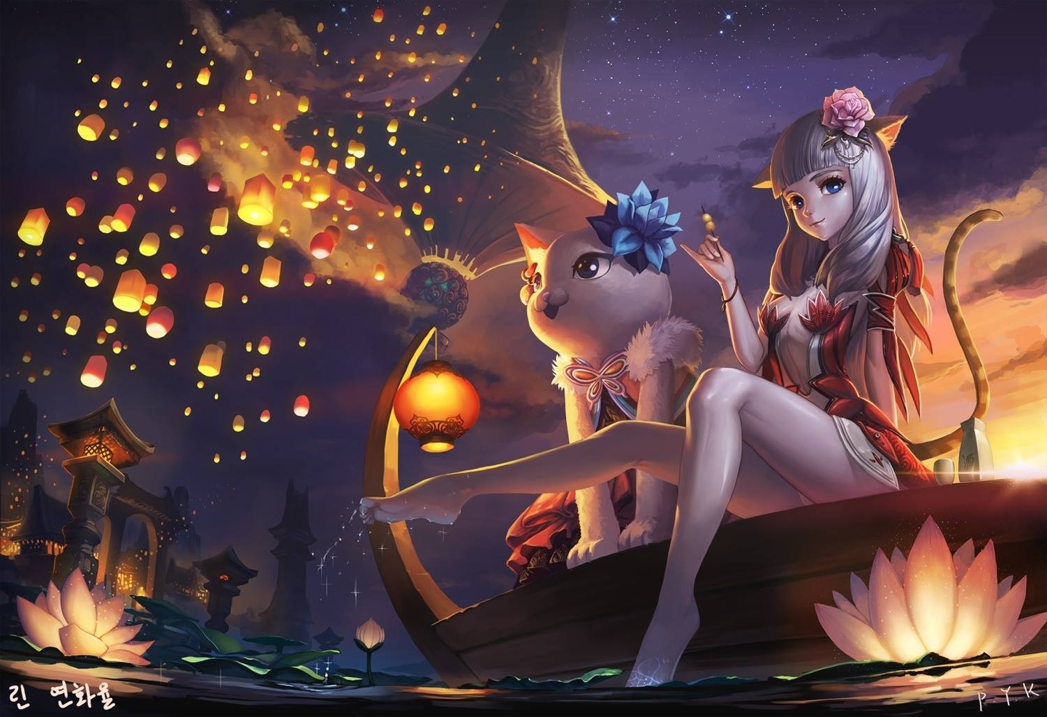 Girl and cat in boat with lanterns, Blade & Soul HD Wallpaper