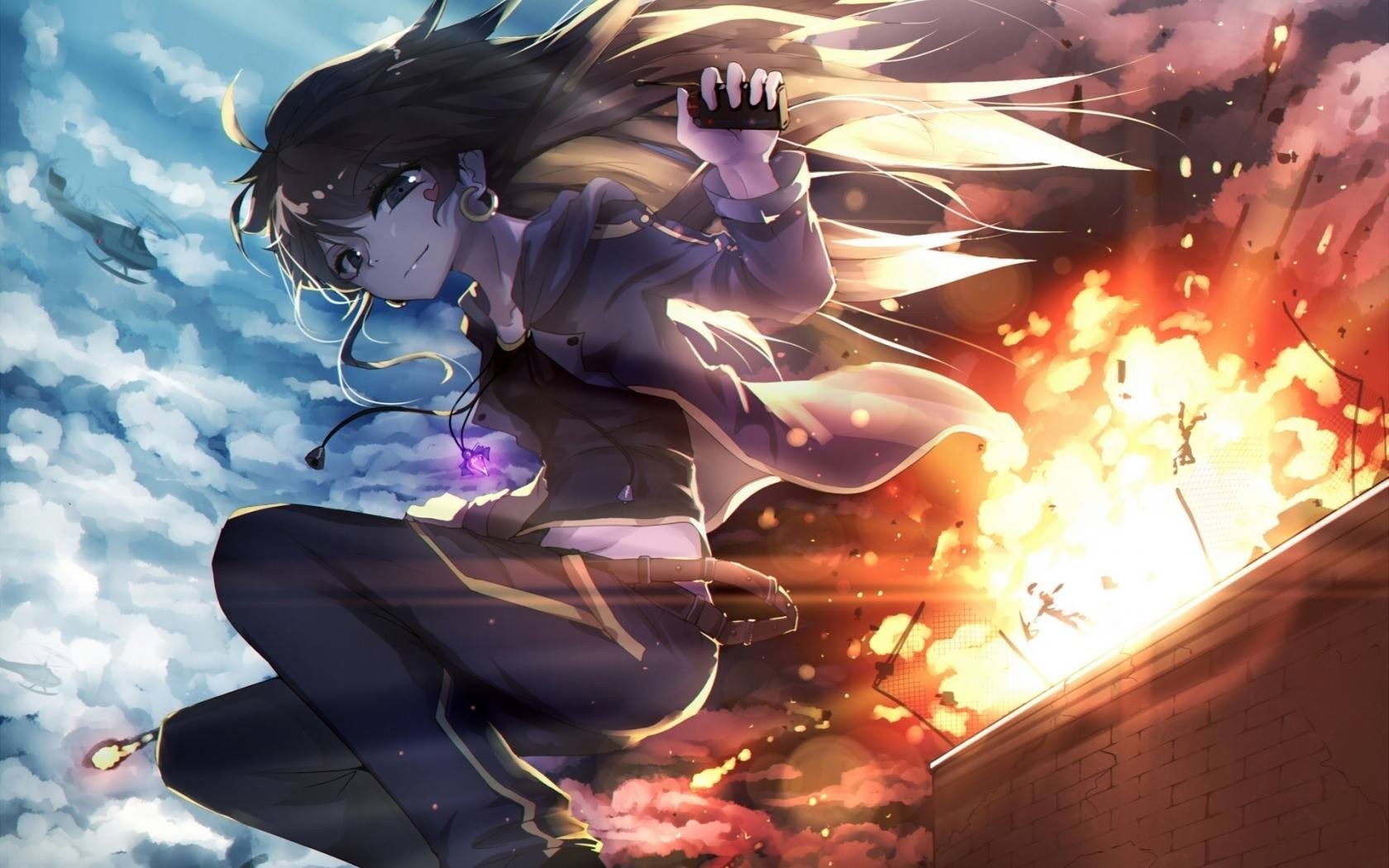 Anime girl with explosion and helicopter HD Wallpaper
