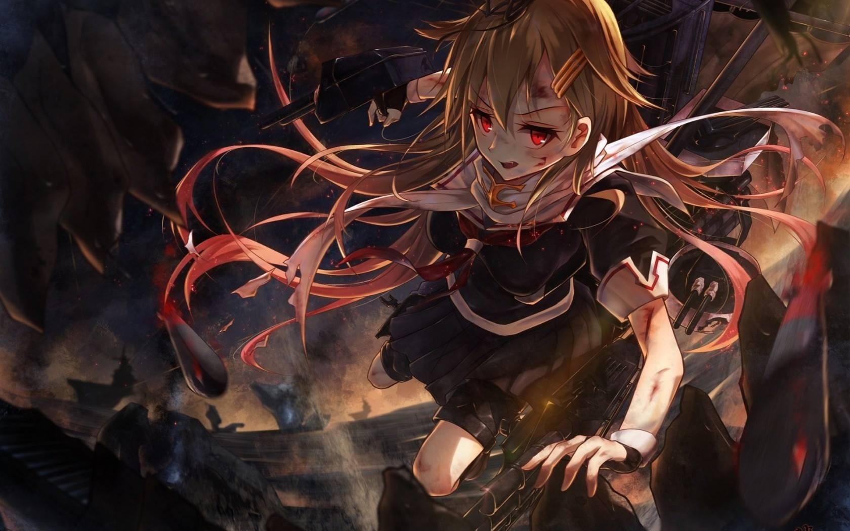 Anime girl with red eyes and blonde hair in a dark setting HD Wallpaper