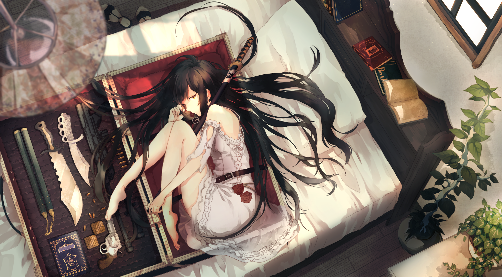 Anime girl with katana and weapons on bed HD Wallpaper