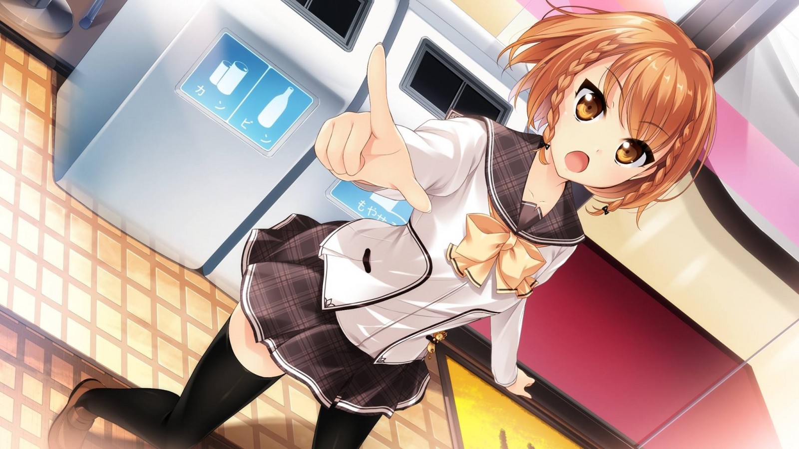 Anime girl in school uniform pointing HD Wallpaper