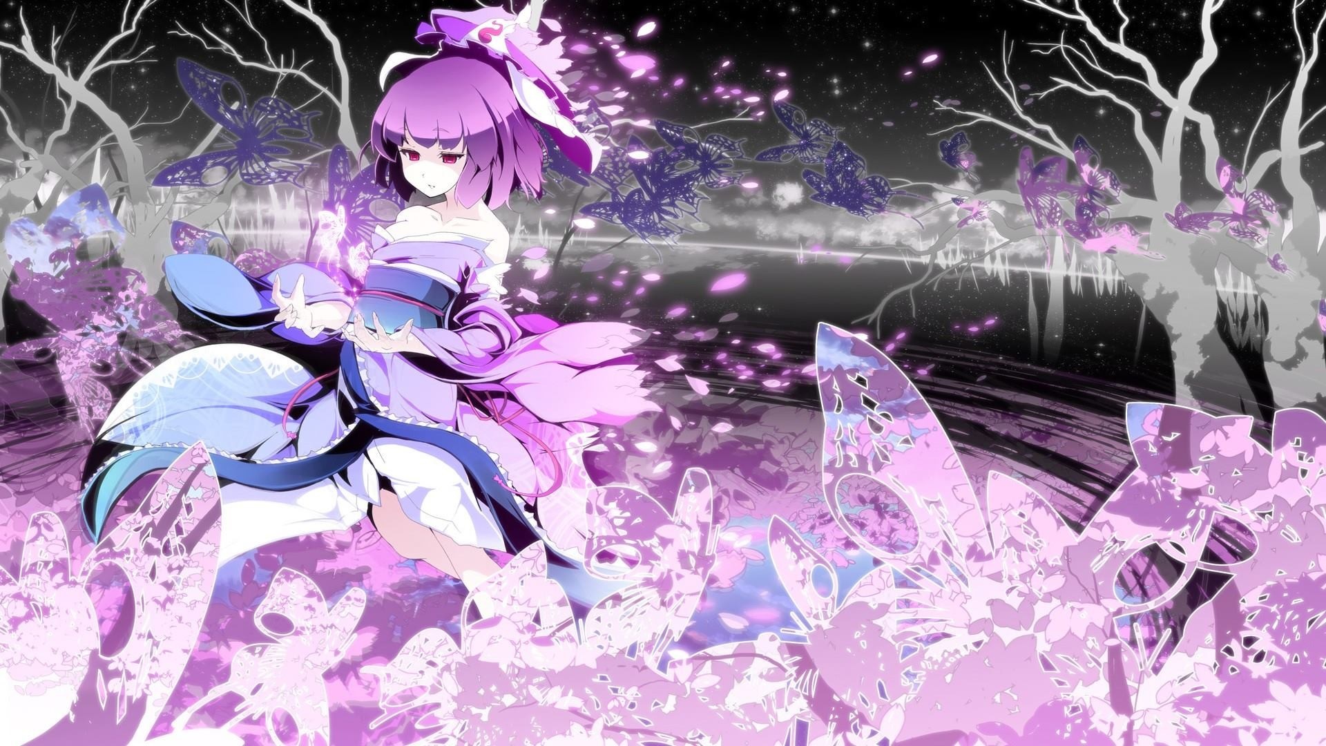 Anime girl with purple hair in a kimono surrounded by flowers HD Wallpaper