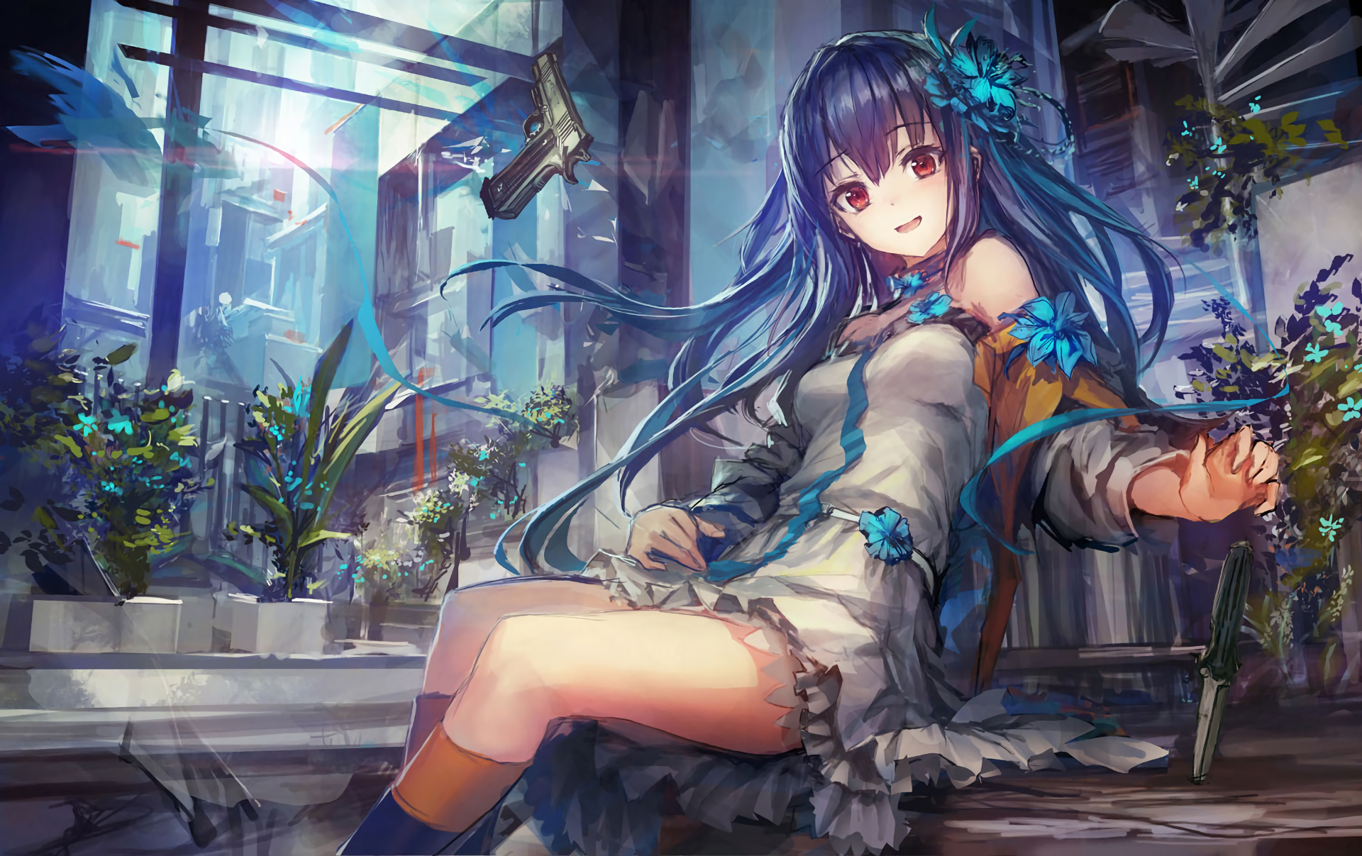 Anime girl with blue hair and gun in futuristic city HD Wallpaper