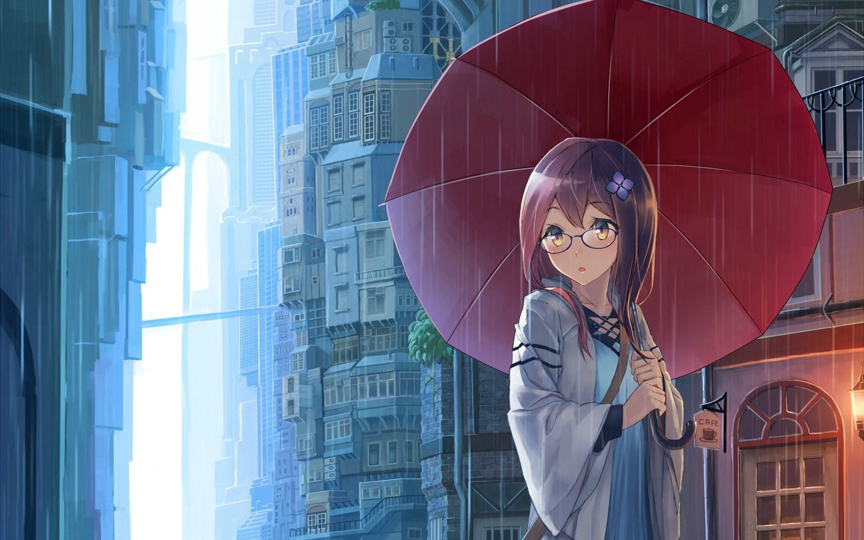 Anime girl with umbrella in rainy city HD Wallpaper