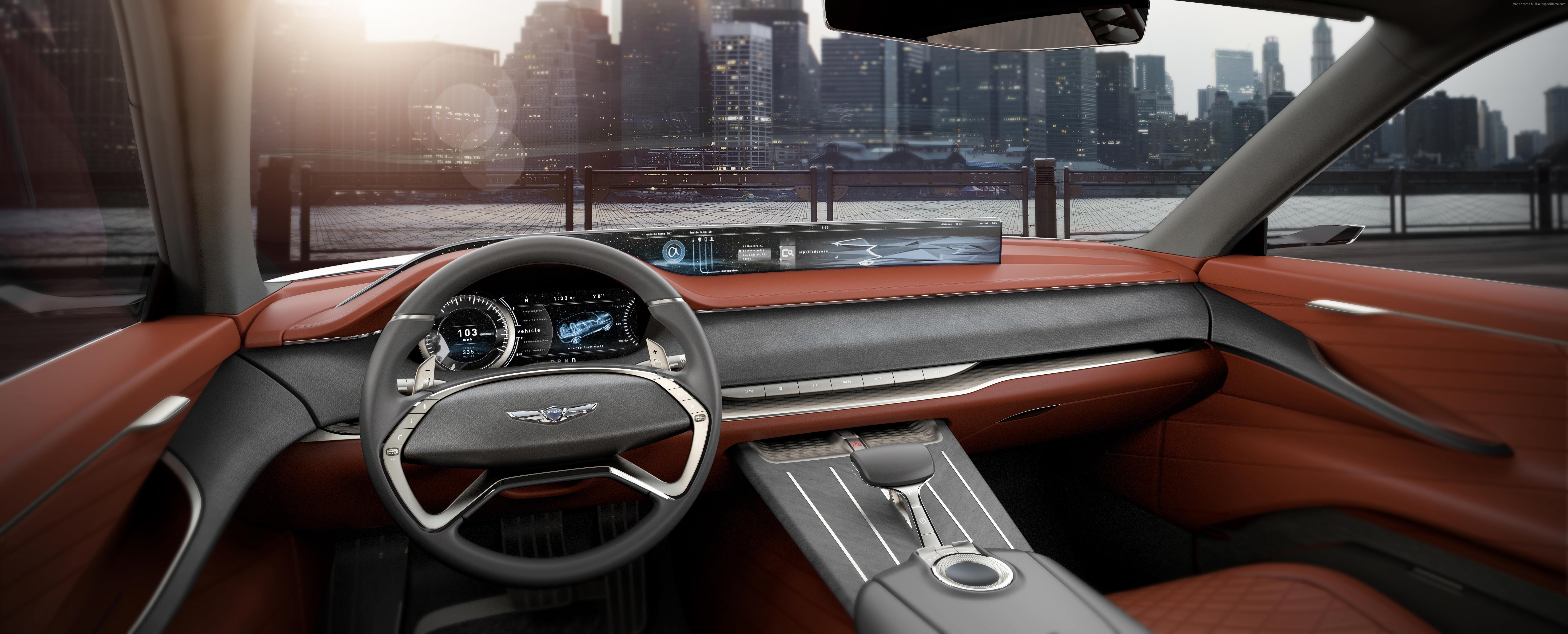 Genesis GV80 interior with city skyline HD Wallpaper