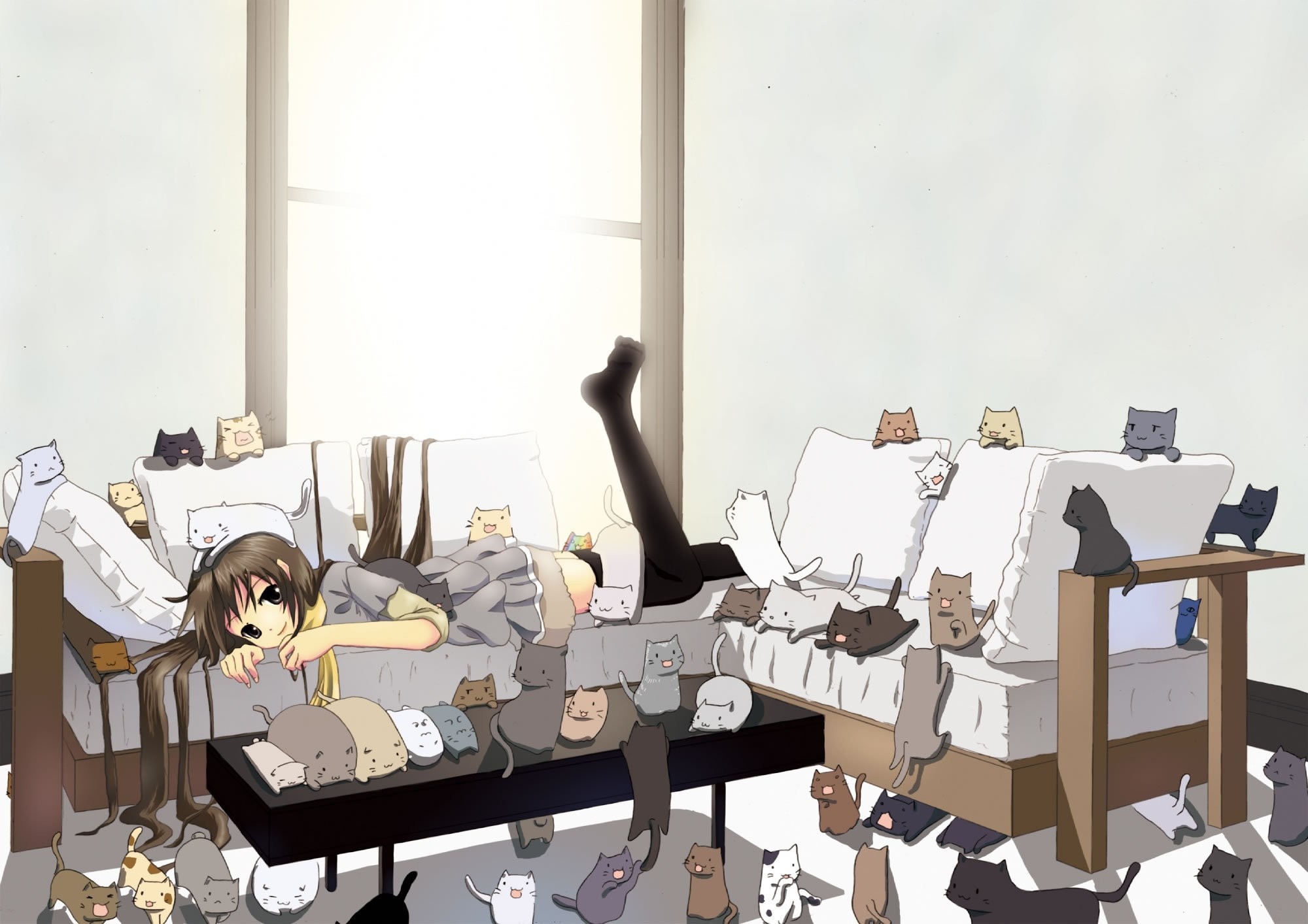 Anime girl with many cats on a couch HD Wallpaper