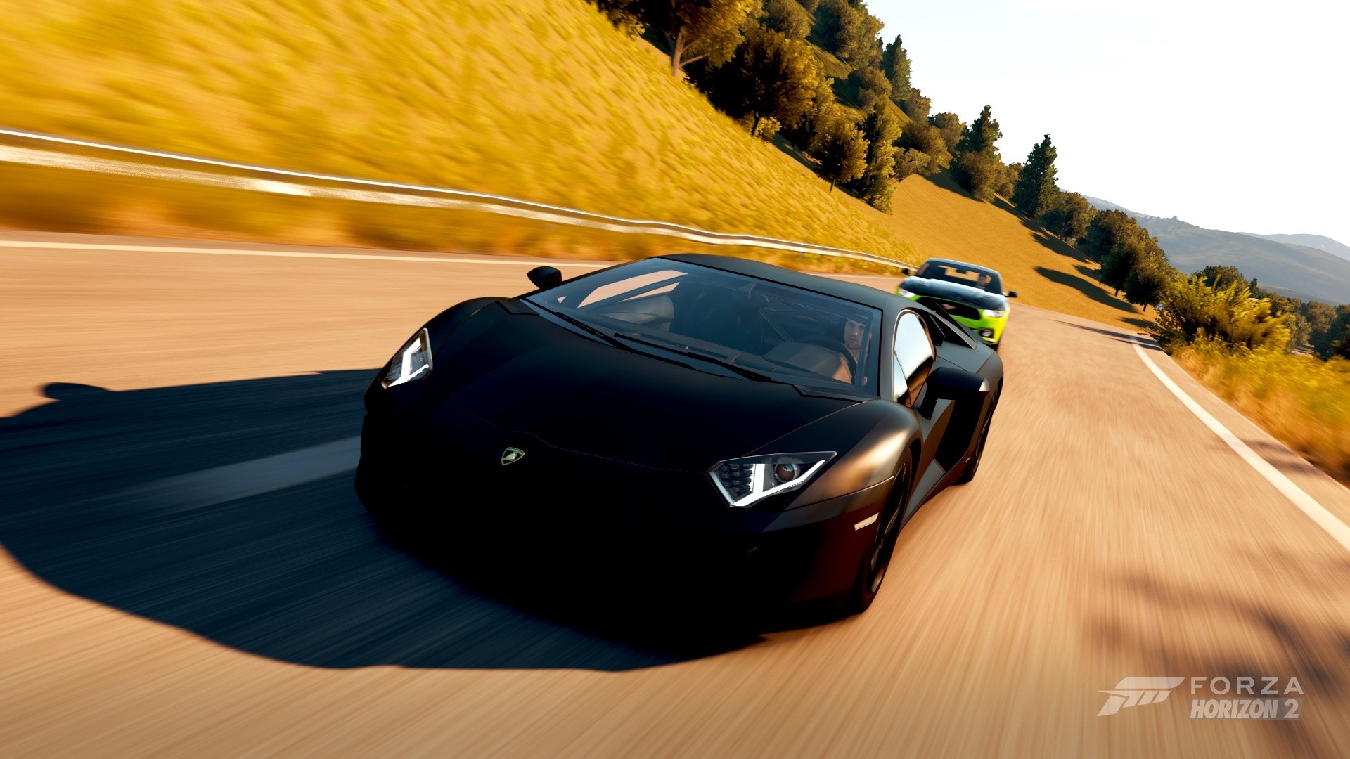 Black Lamborghini Aventador and green car in Forza Horizon 2 HD Wallpaper