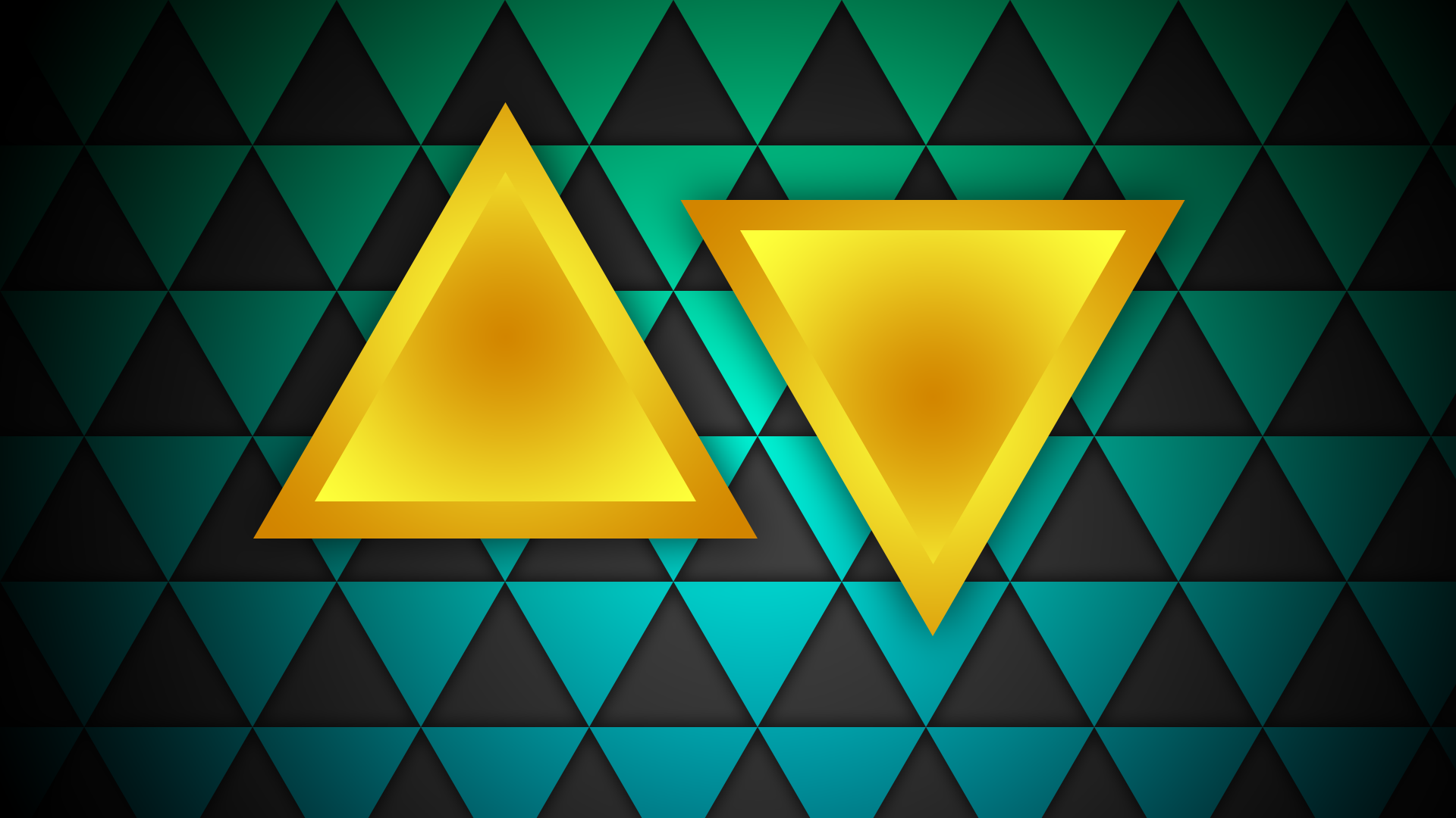 Golden triangles on a teal and black triangular pattern background HD Wallpaper