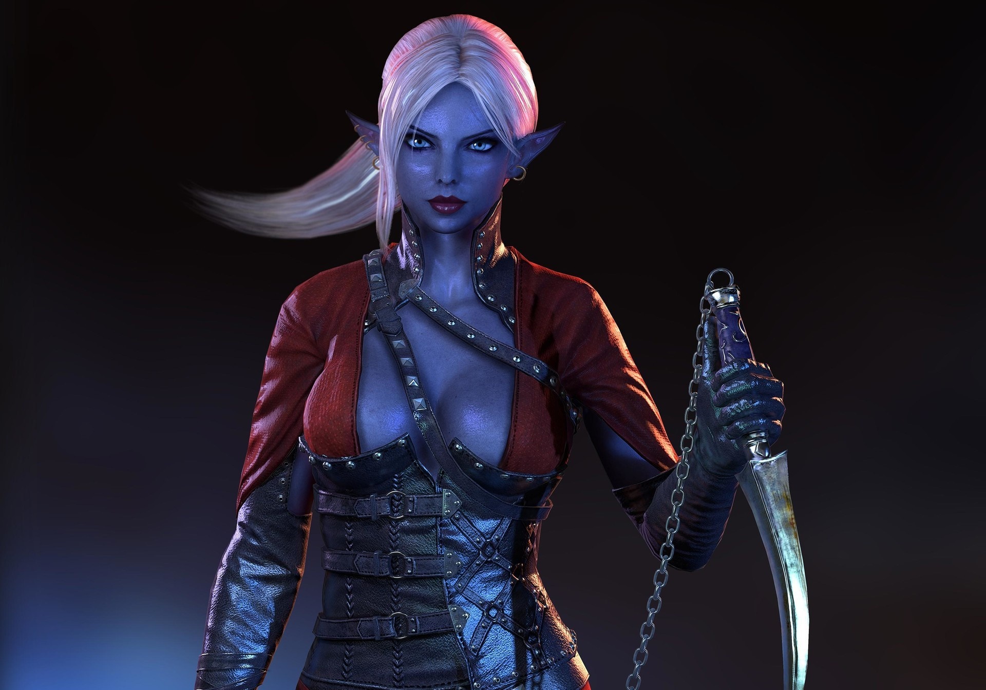 Blue-skinned elf woman with white hair holding a dagger HD Wallpaper