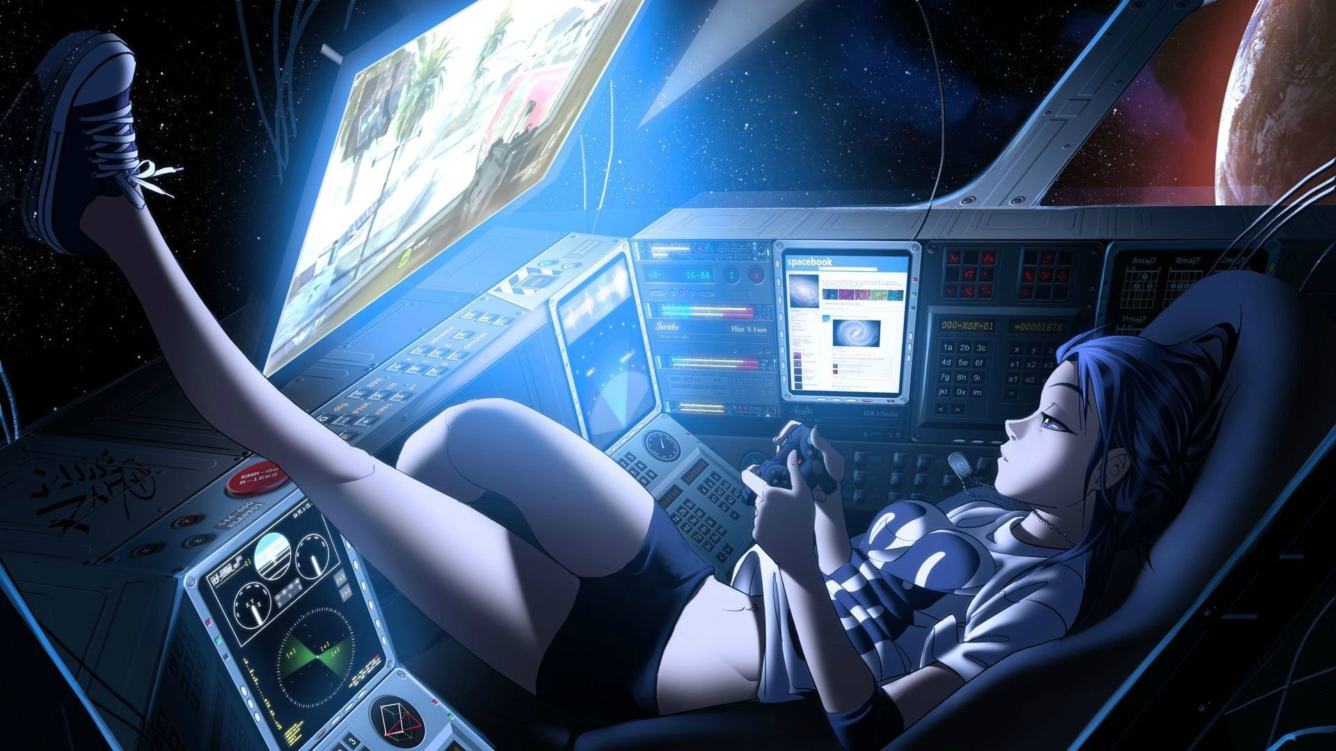 Girl playing video games in a spaceship cockpit HD Wallpaper