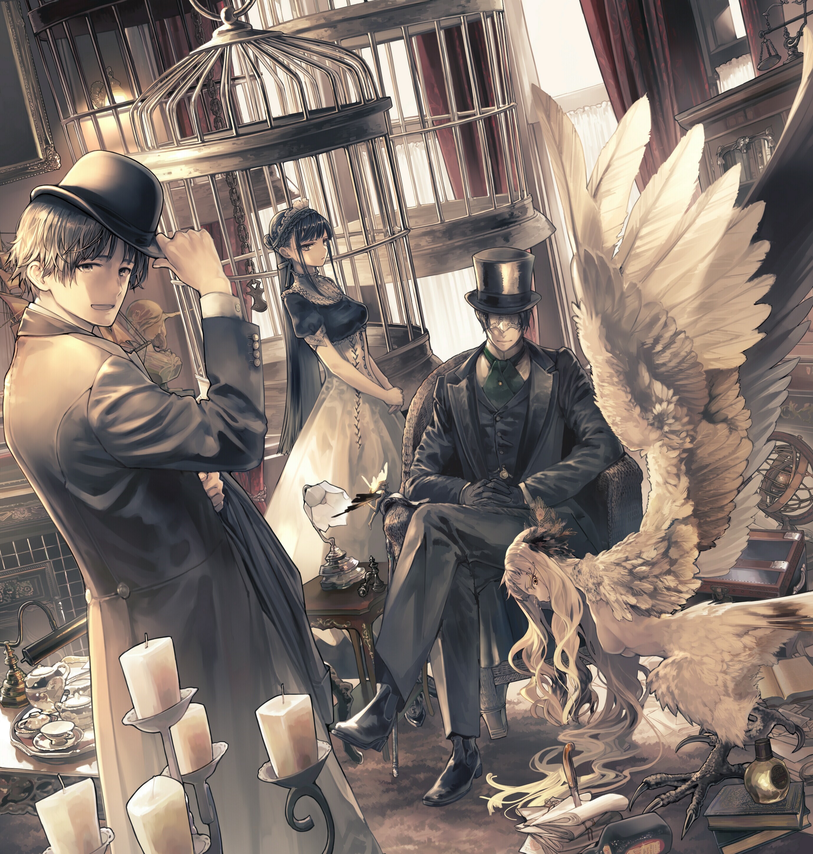 People and a harpy in a room with a birdcage HD Wallpaper