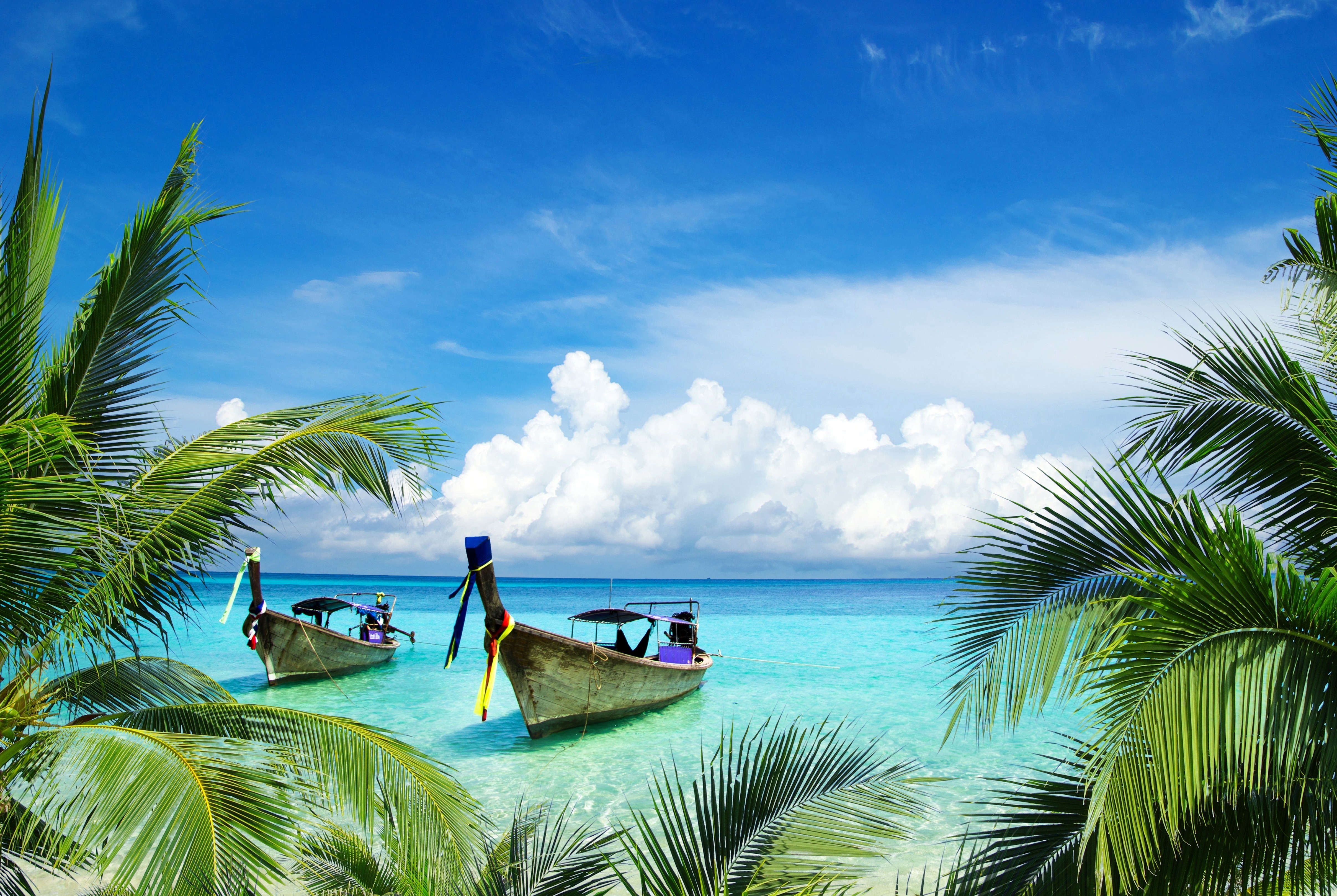 Tropical beach with longtail boats and palm trees HD Wallpaper