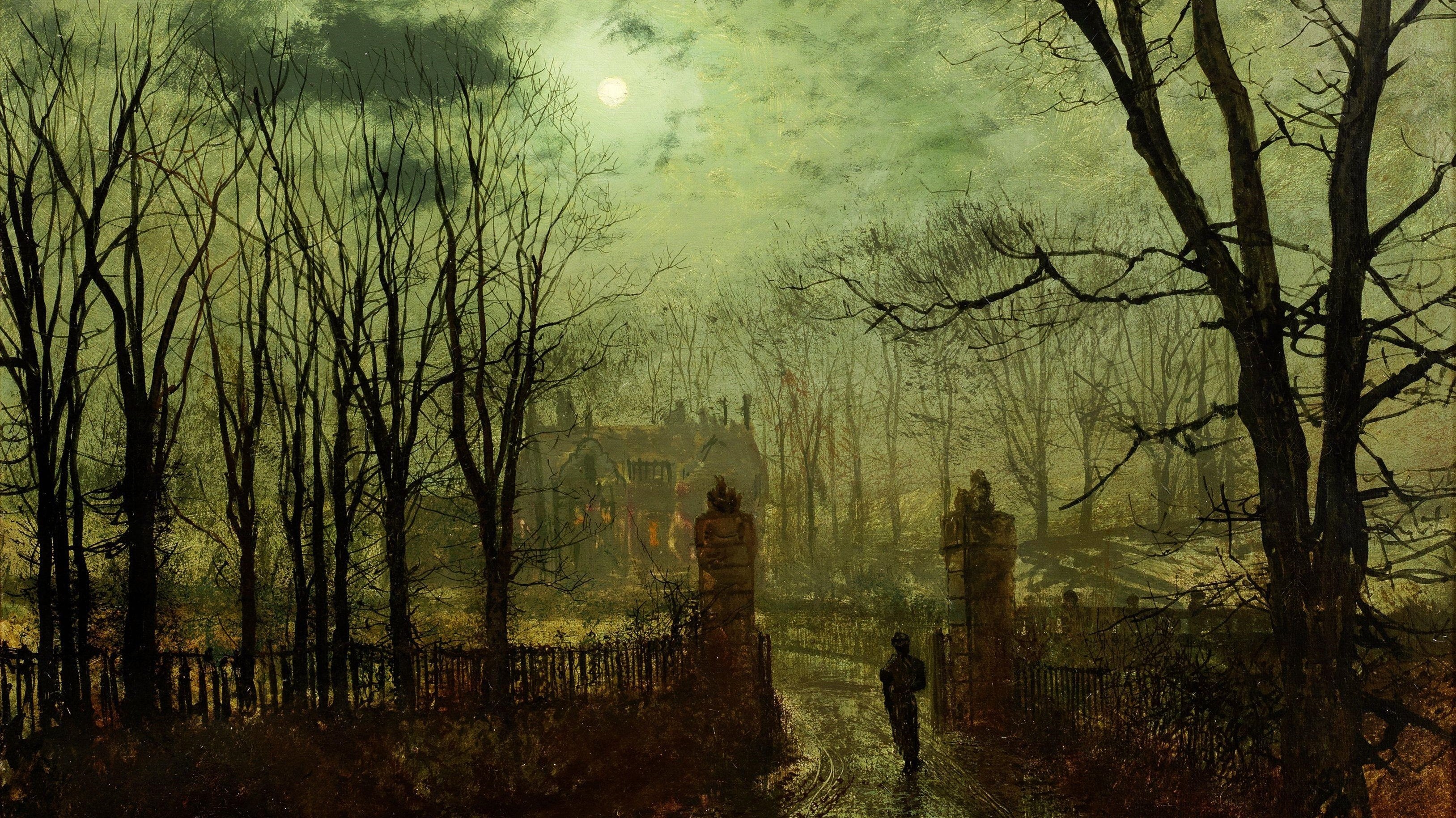Painting of a house in a forest at night HD Wallpaper