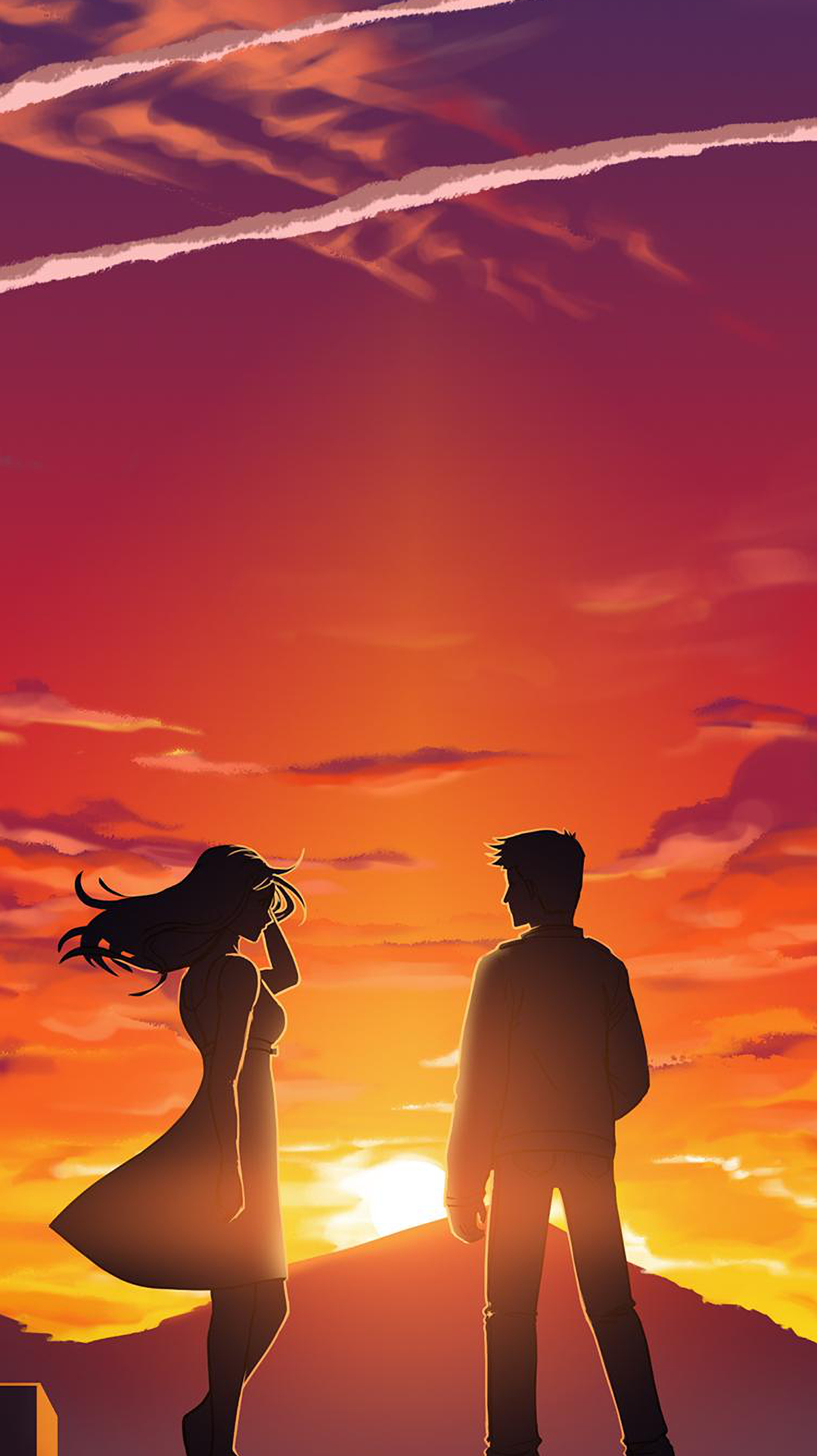 Couple silhouetted against a vibrant sunset HD Wallpaper