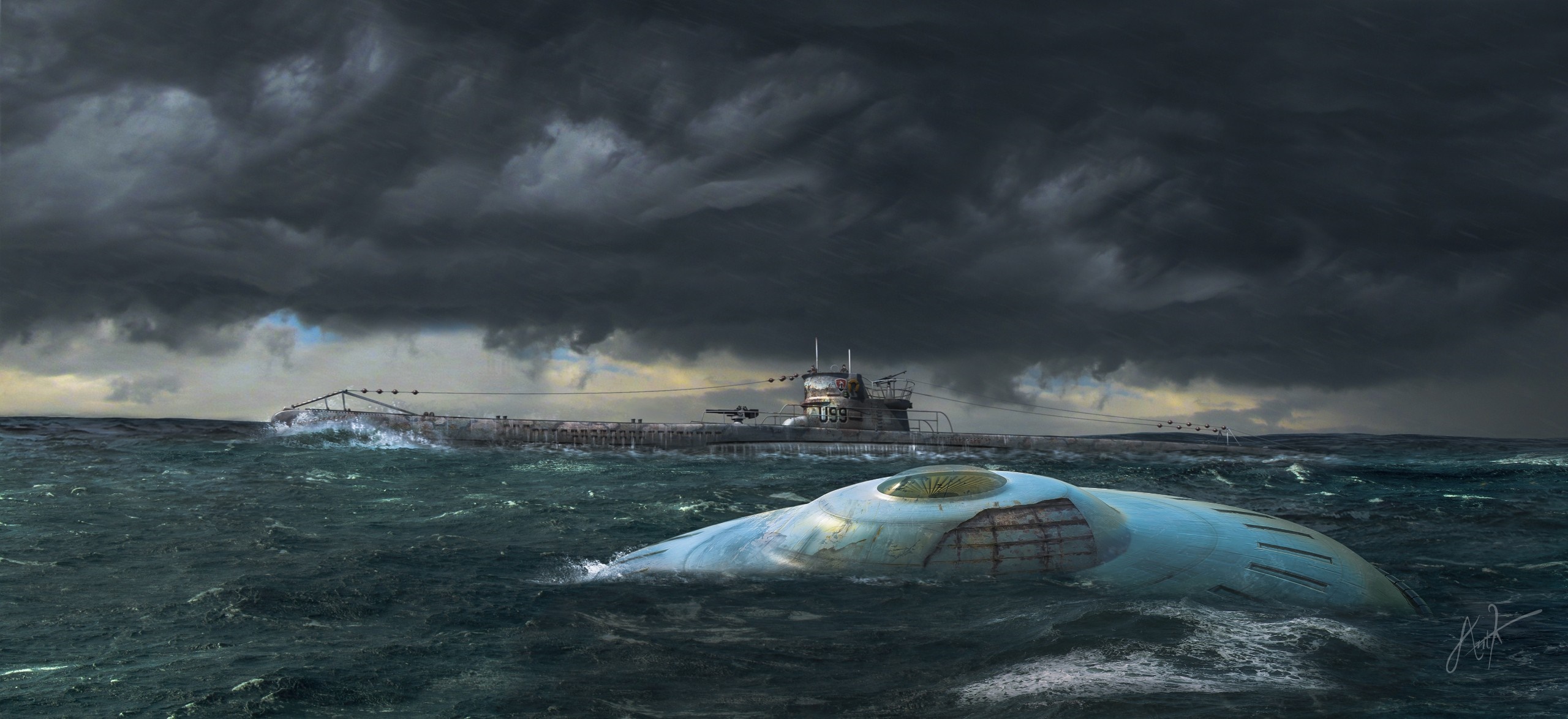 Submarine and UFO in a stormy sea HD Wallpaper